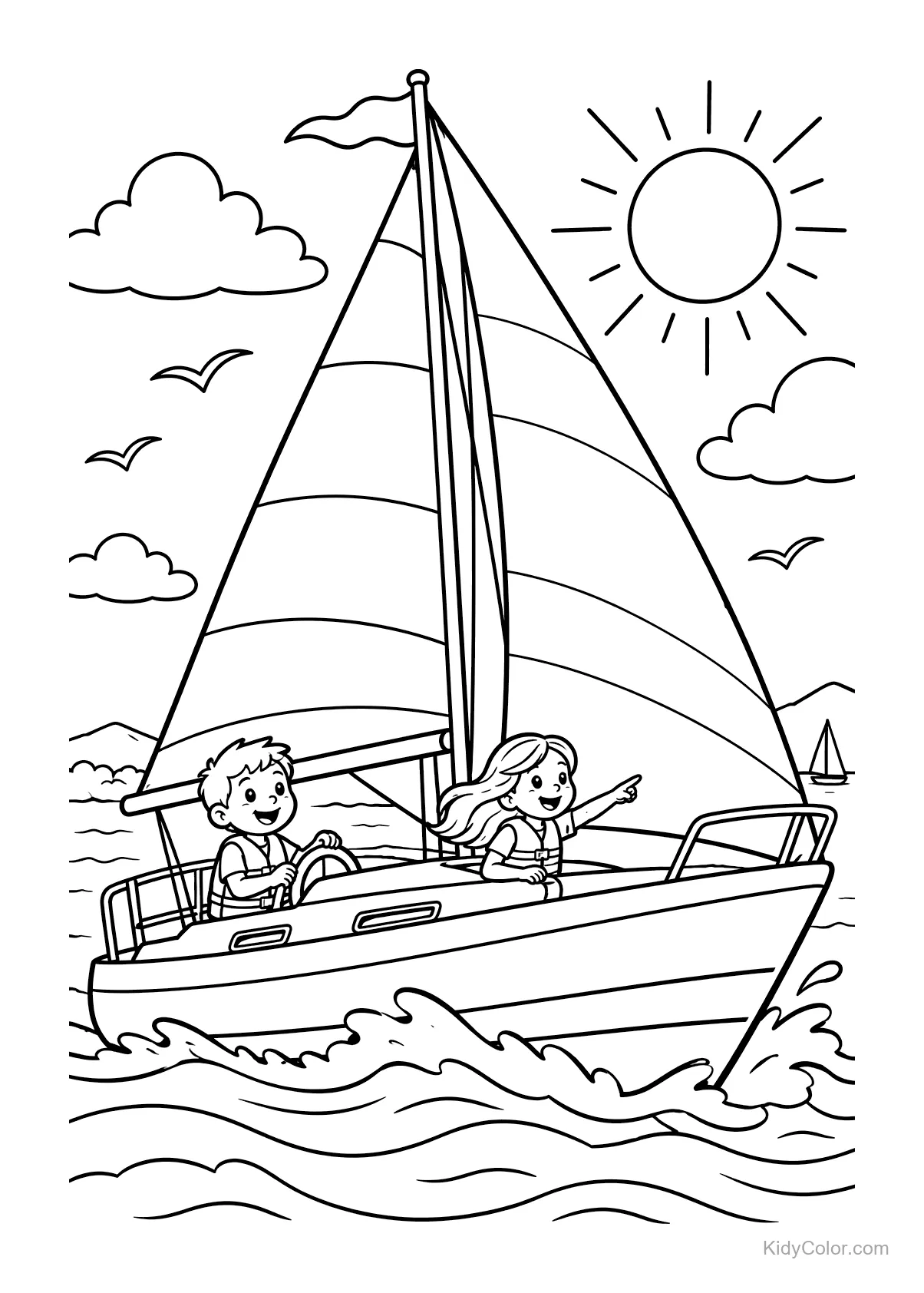 Children sailing a boat on the water under a sunny sky.