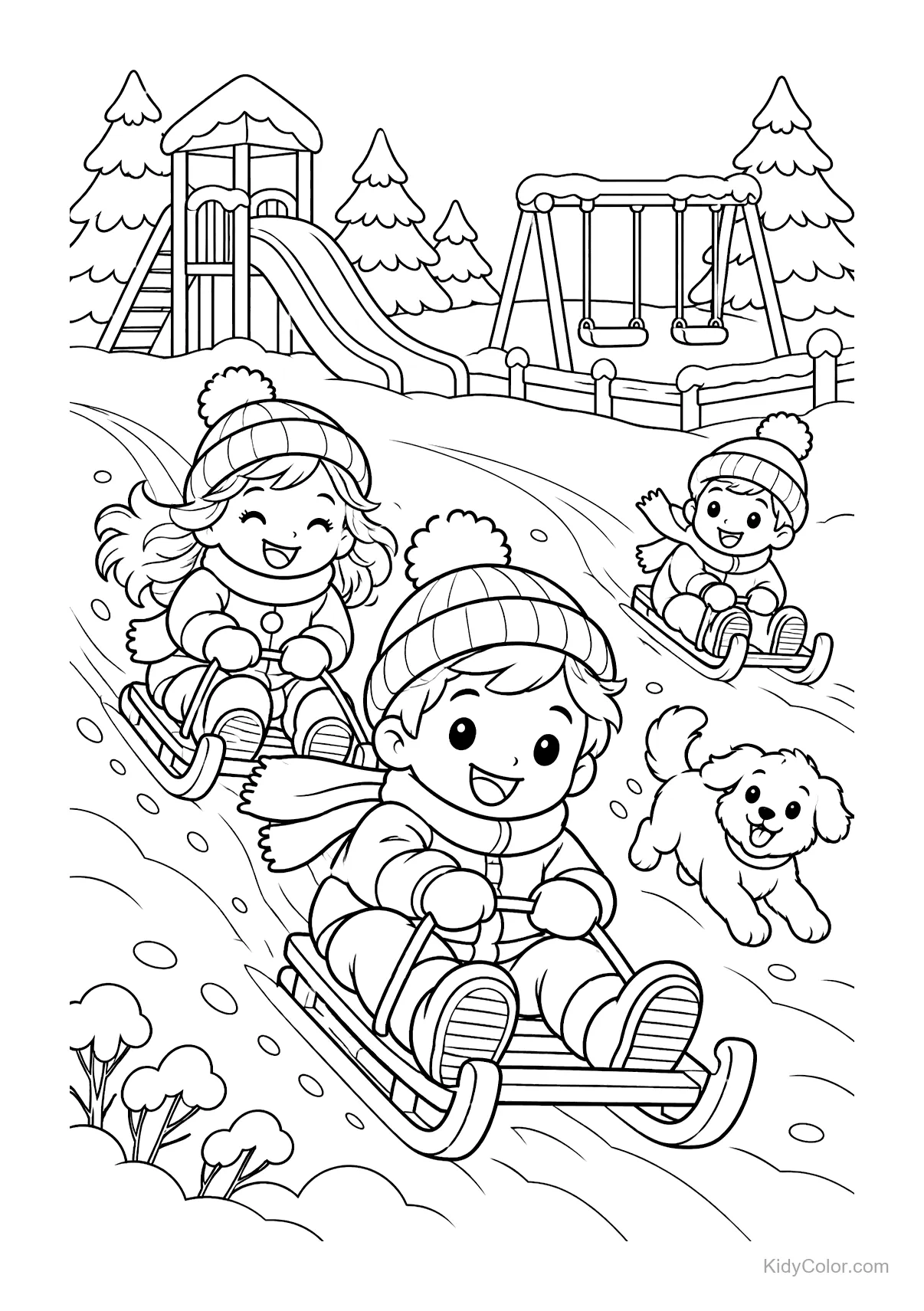 Niños bajando en trineo por una colina nevada con un perro en un parque.