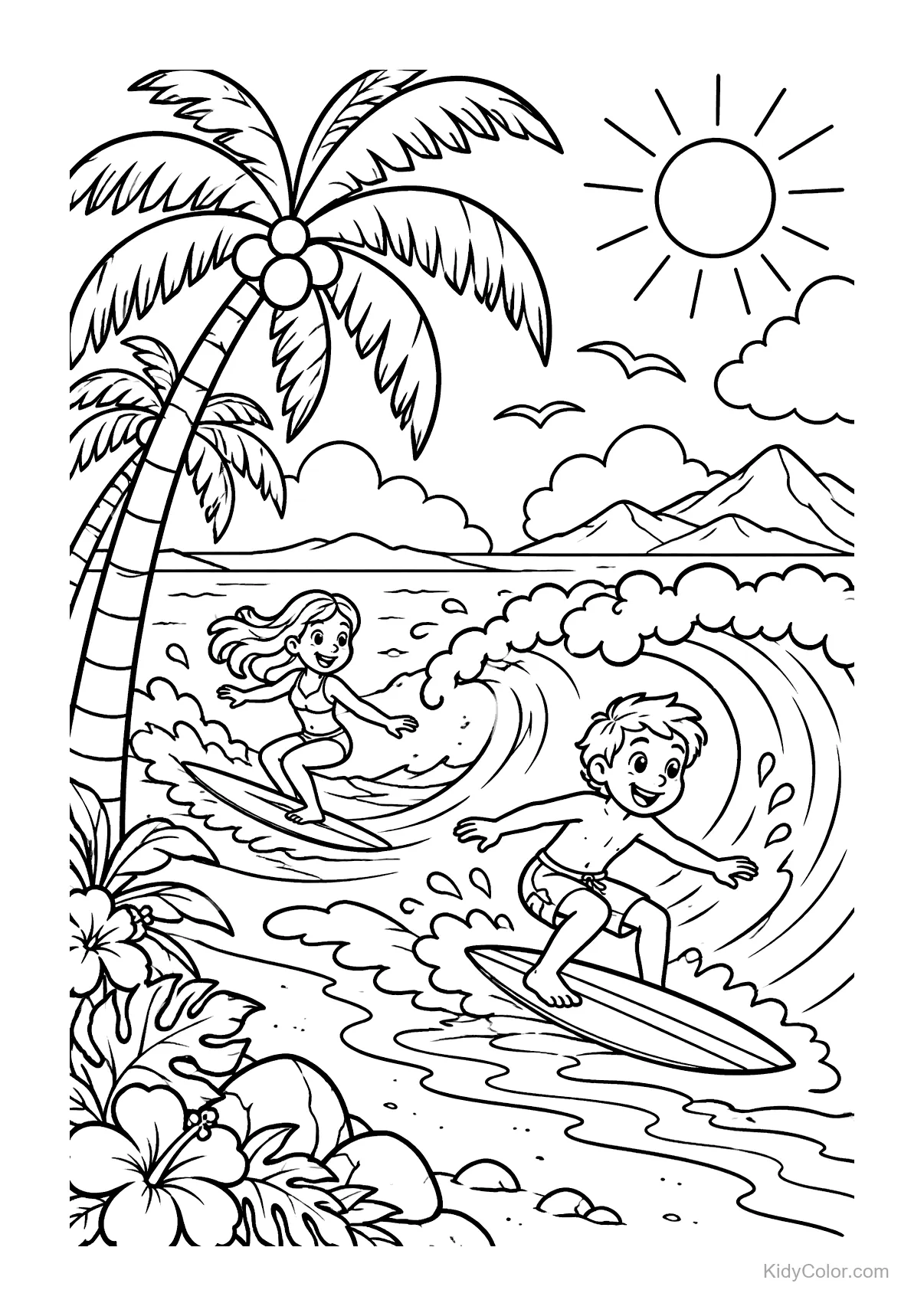 Two kids surfing on waves near a tropical beach with palm trees.