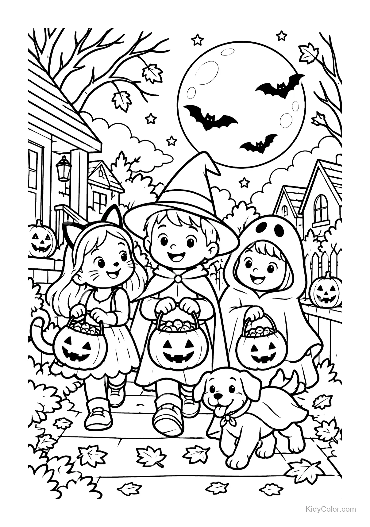 Drie kinderen in kostuums en een hond trick or treaten onder een maan met vleermuizen.