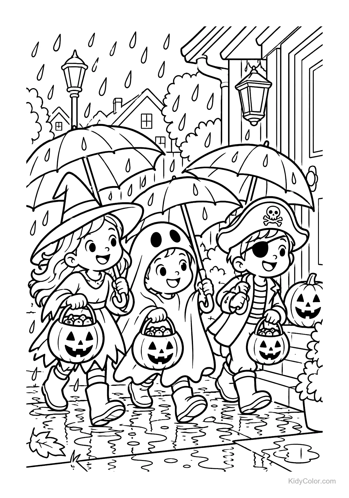 Drei Kinder in Halloweenkostümen mit Regenschirmen.