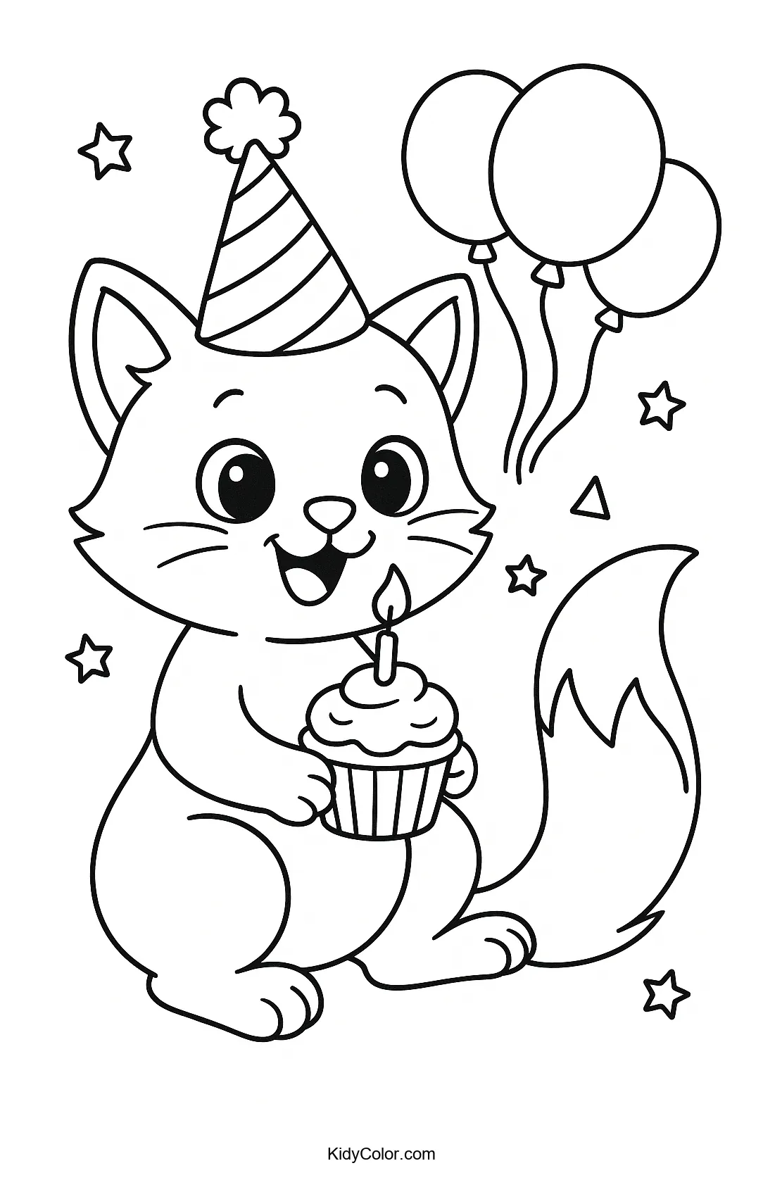 Kitten's birthday party scene with balloons and cake