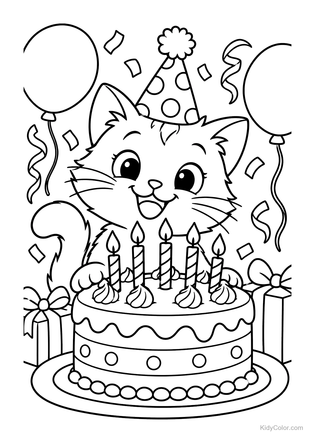 Gatito con sombrero de fiesta junto a pastel con velas y globos.
