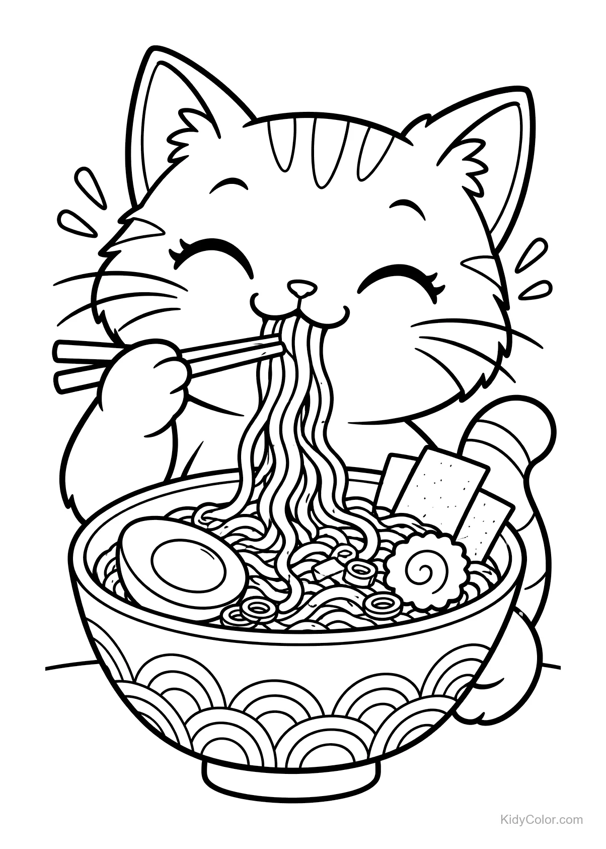Kitten happily slurping a bowl of ramen with toppings.