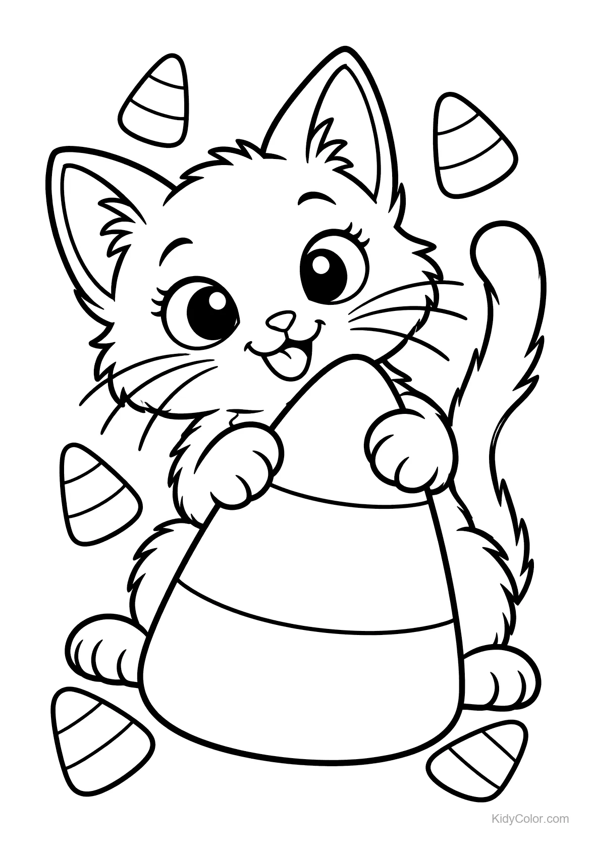 Kitten hugging a giant candy corn with smaller candy corns around.