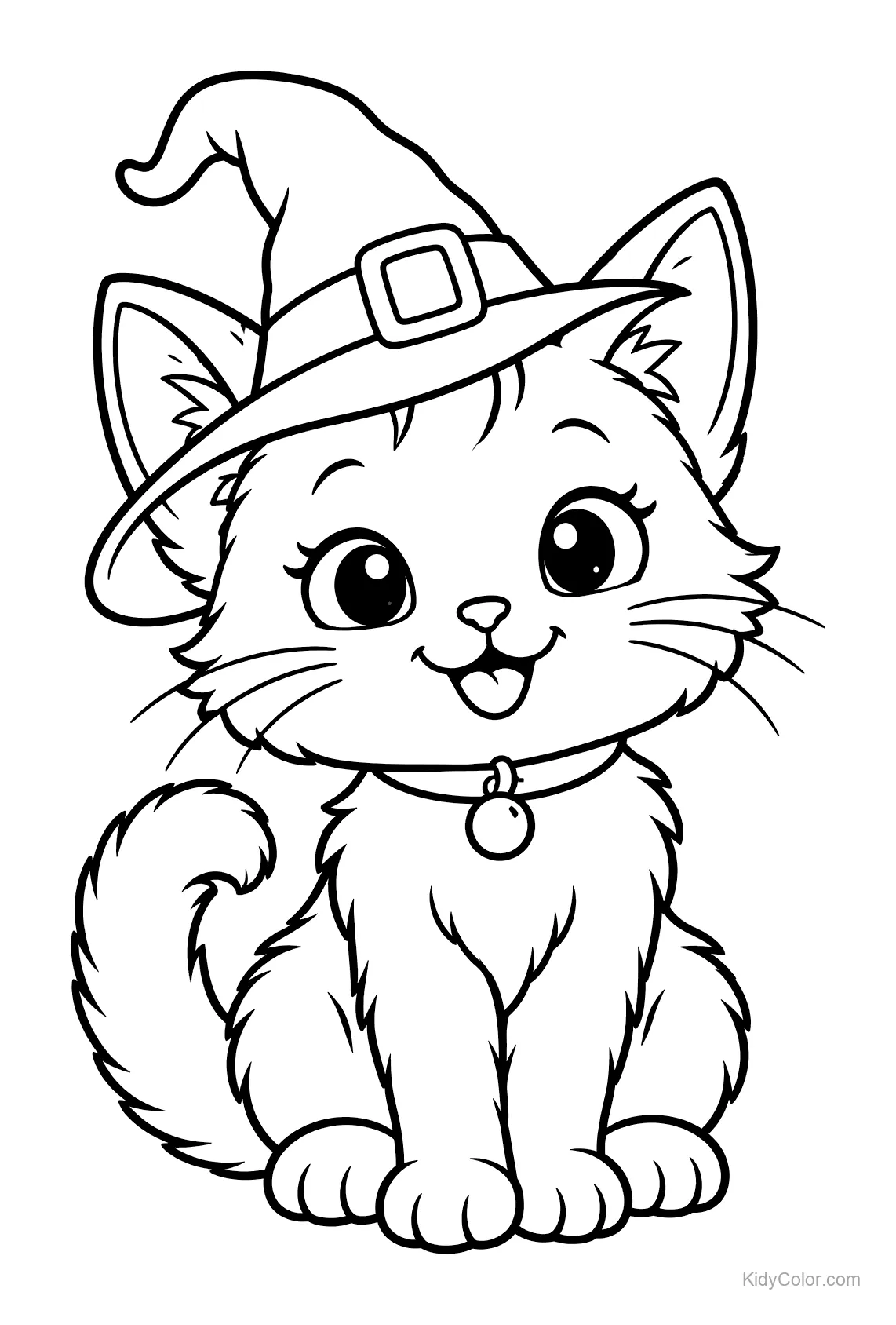 Adorable kitten wearing a witch hat and a bell collar.