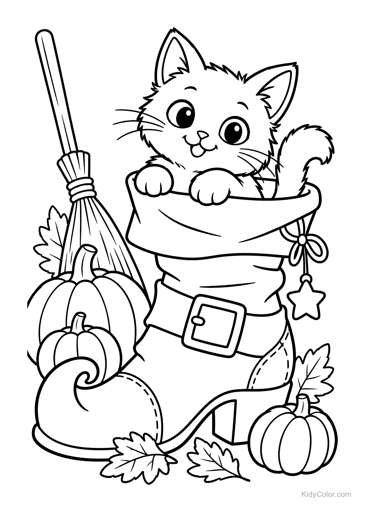 Kitten peeking out of a witch's boot with pumpkins and a broom nearby.