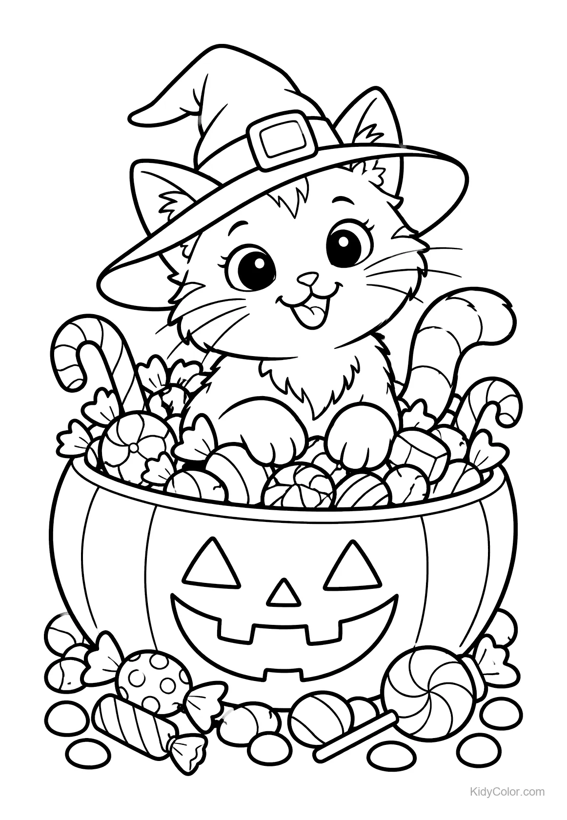 Gattino in un cestino di caramelle a forma di zucca con cappello da strega, circondato da dolci.