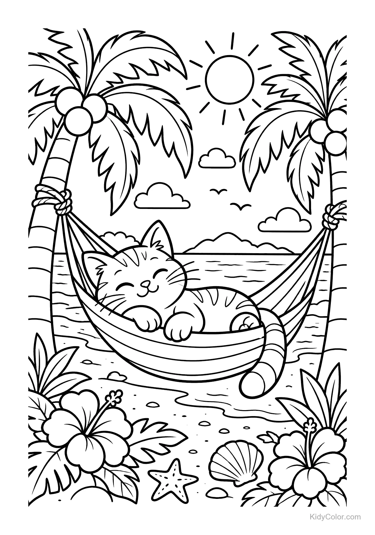 A kitten napping in a hammock between palm trees by the beach.