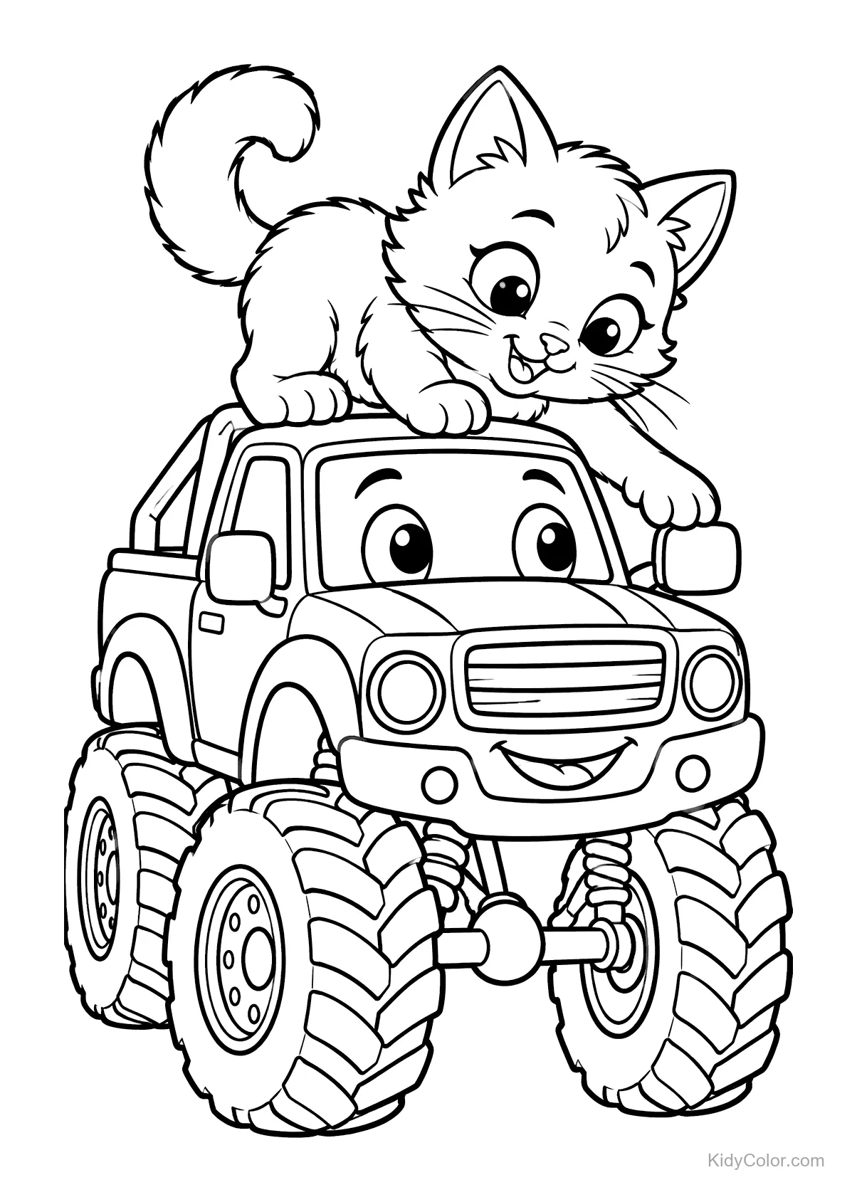 Kätzchen sitzt auf einem lächelnden Monstertruck mit großen Reifen.