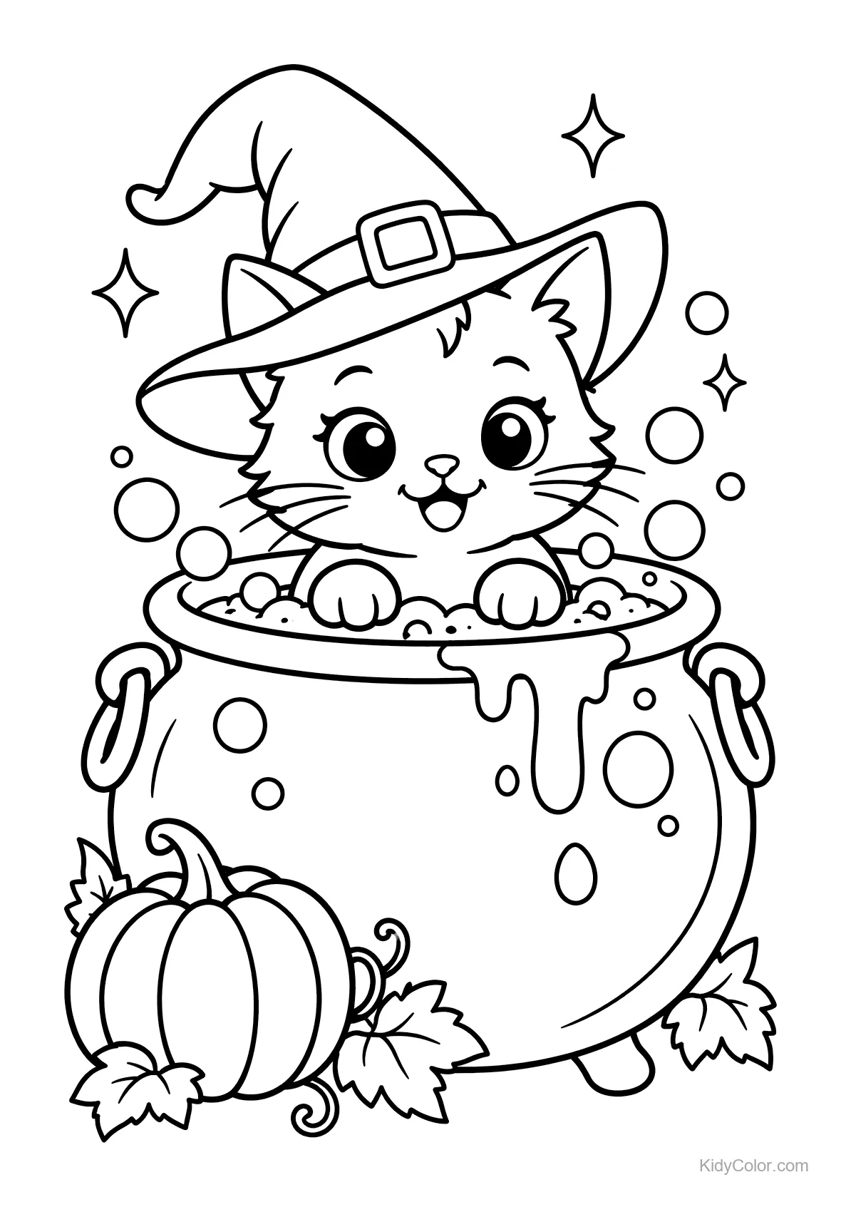 Kitten in witch's cauldron with pumpkin nearby, featuring bubbles.