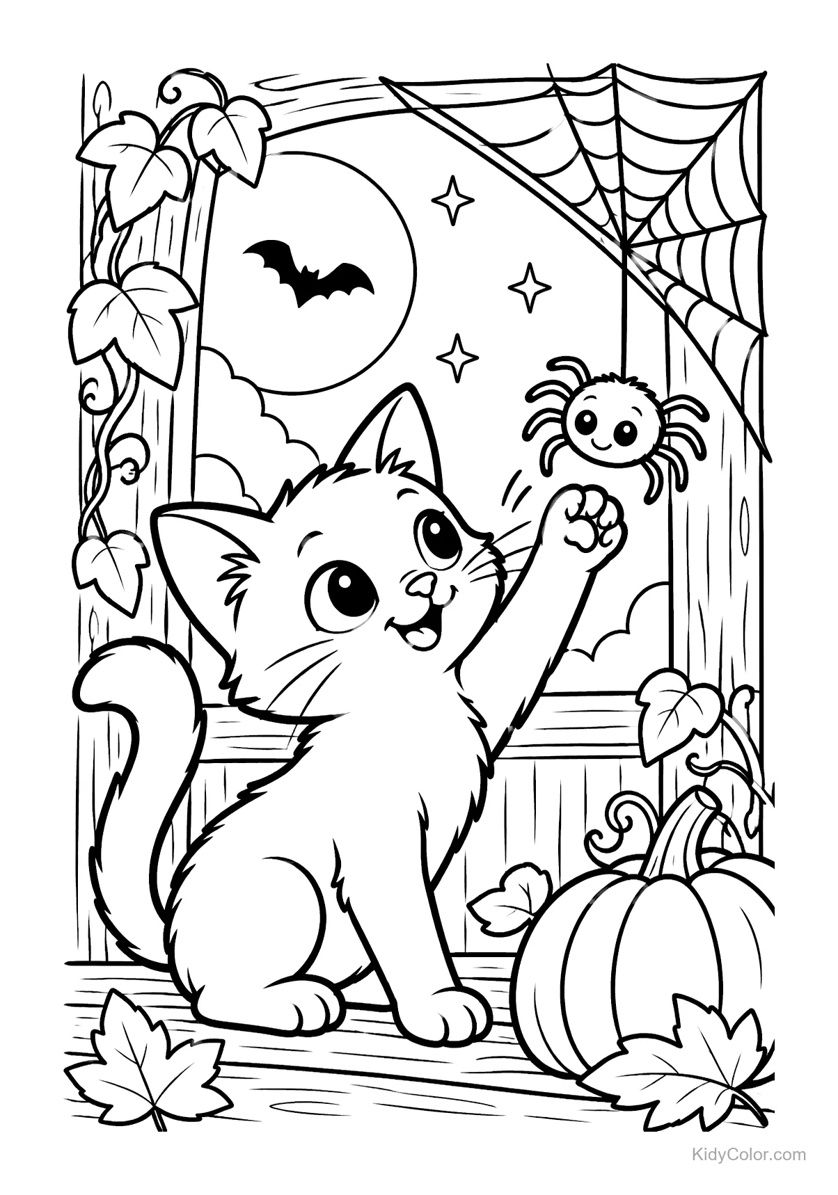 Gatinho brinca com aranha em teia por janela com abóbora.