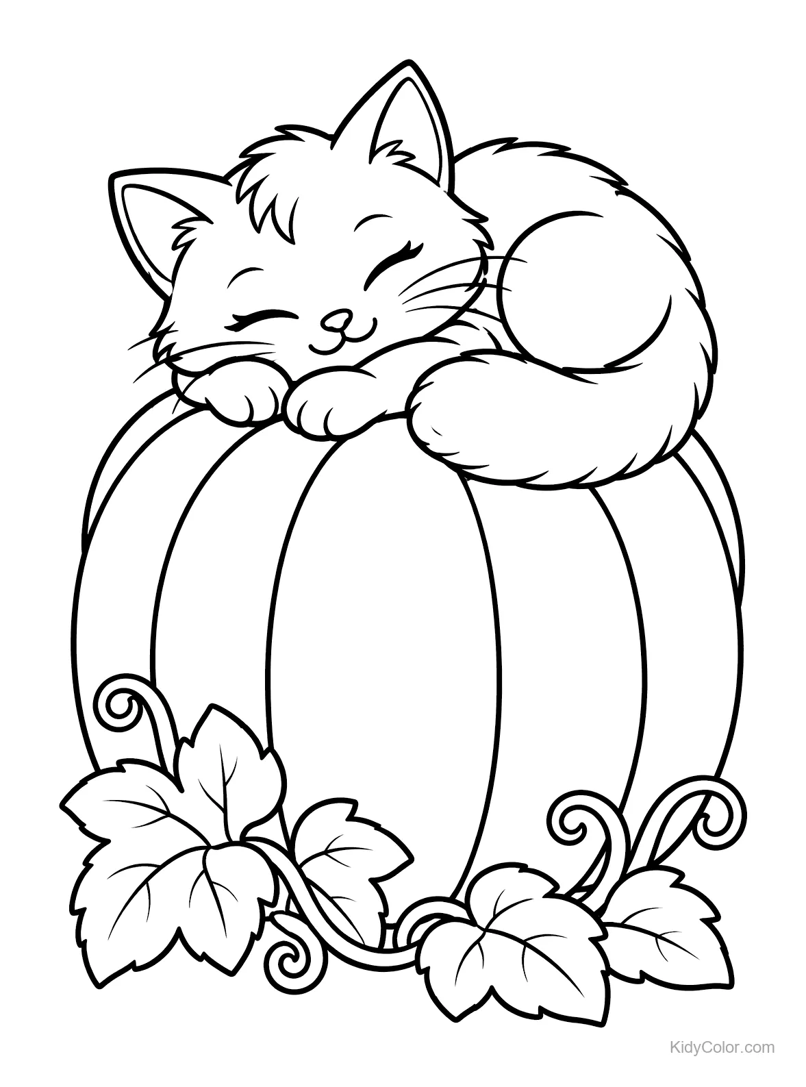 A kitten sleeping on a pumpkin with leaves.