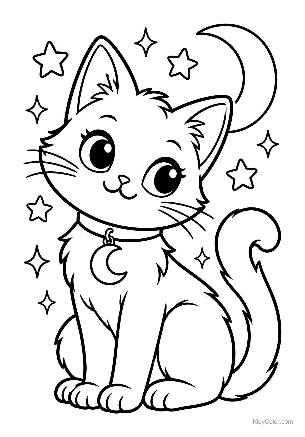 Gatito sentado bajo una luna creciente con estrellas alrededor.