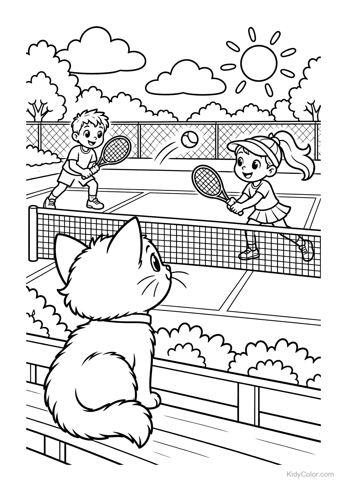 Kitten watches two kids playing tennis on a sunny day.