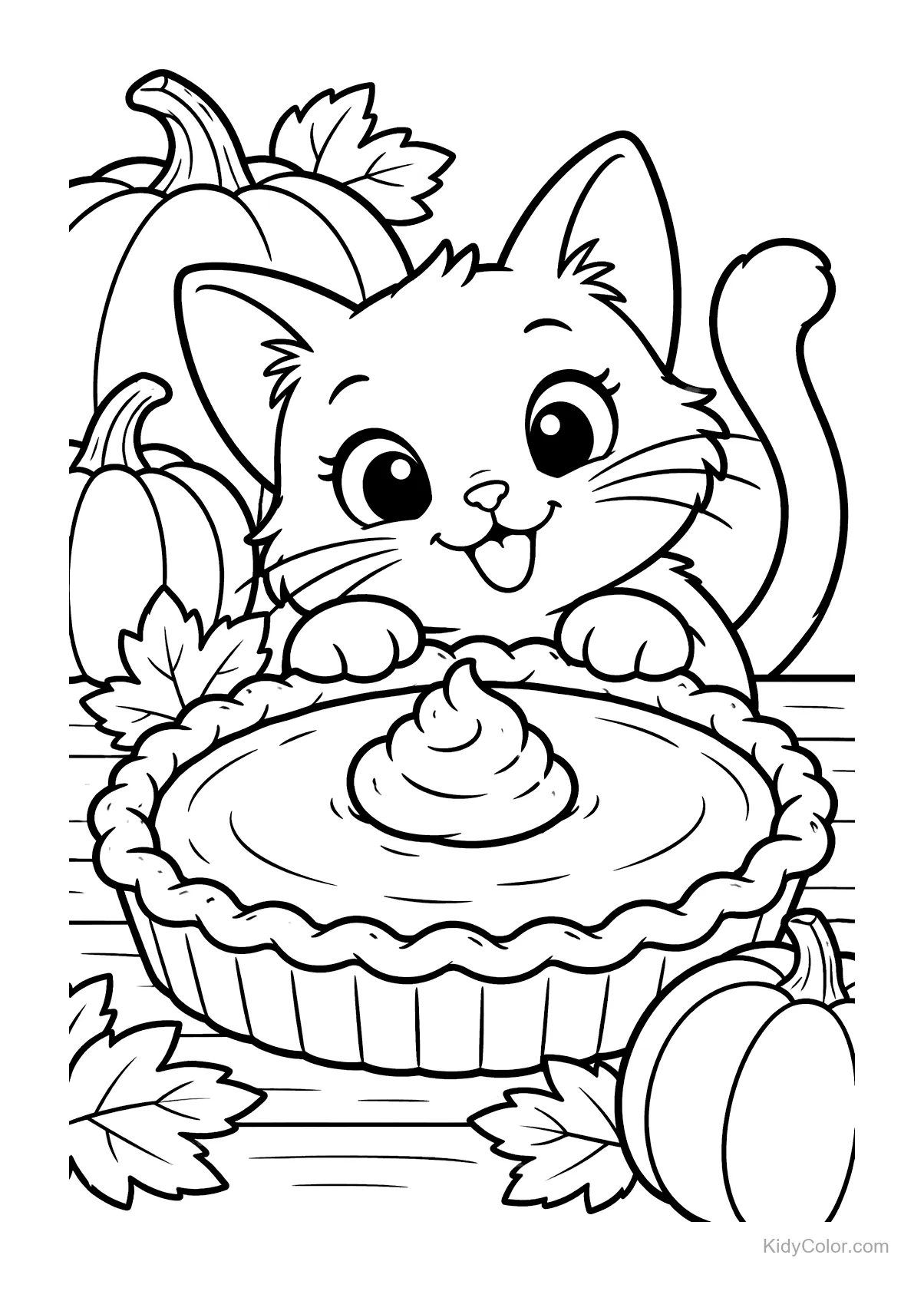 Gatinho com torta de abóbora, cercado por abóboras e folhas.