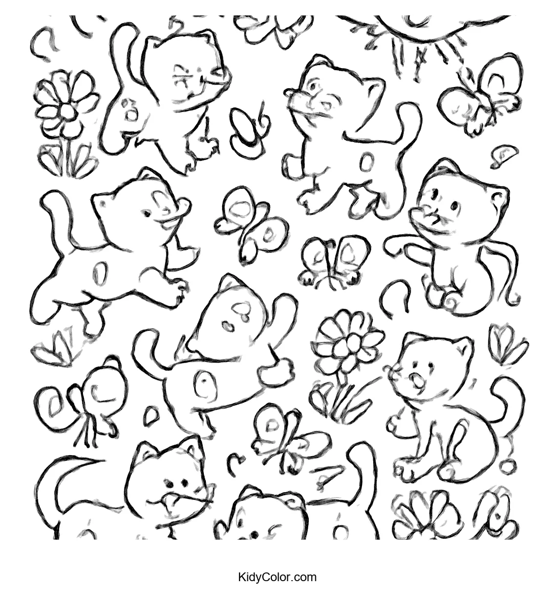 Ten playful kittens chasing butterflies in a sunny garden.