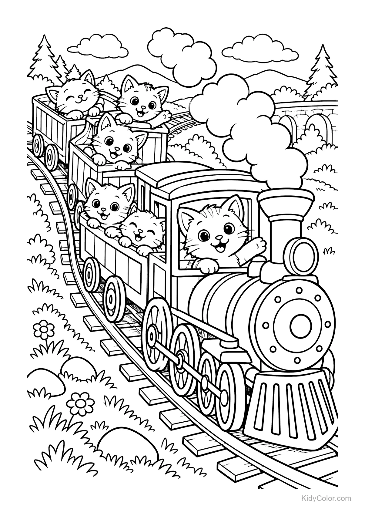 Five kittens riding on a steam train through the countryside.