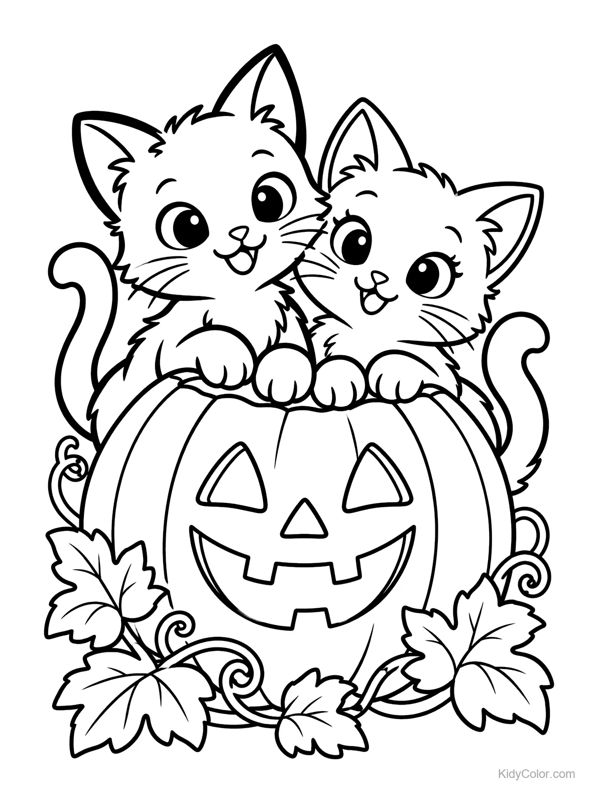 Dos gatitos asomándose sobre una calabaza tallada con hojas.