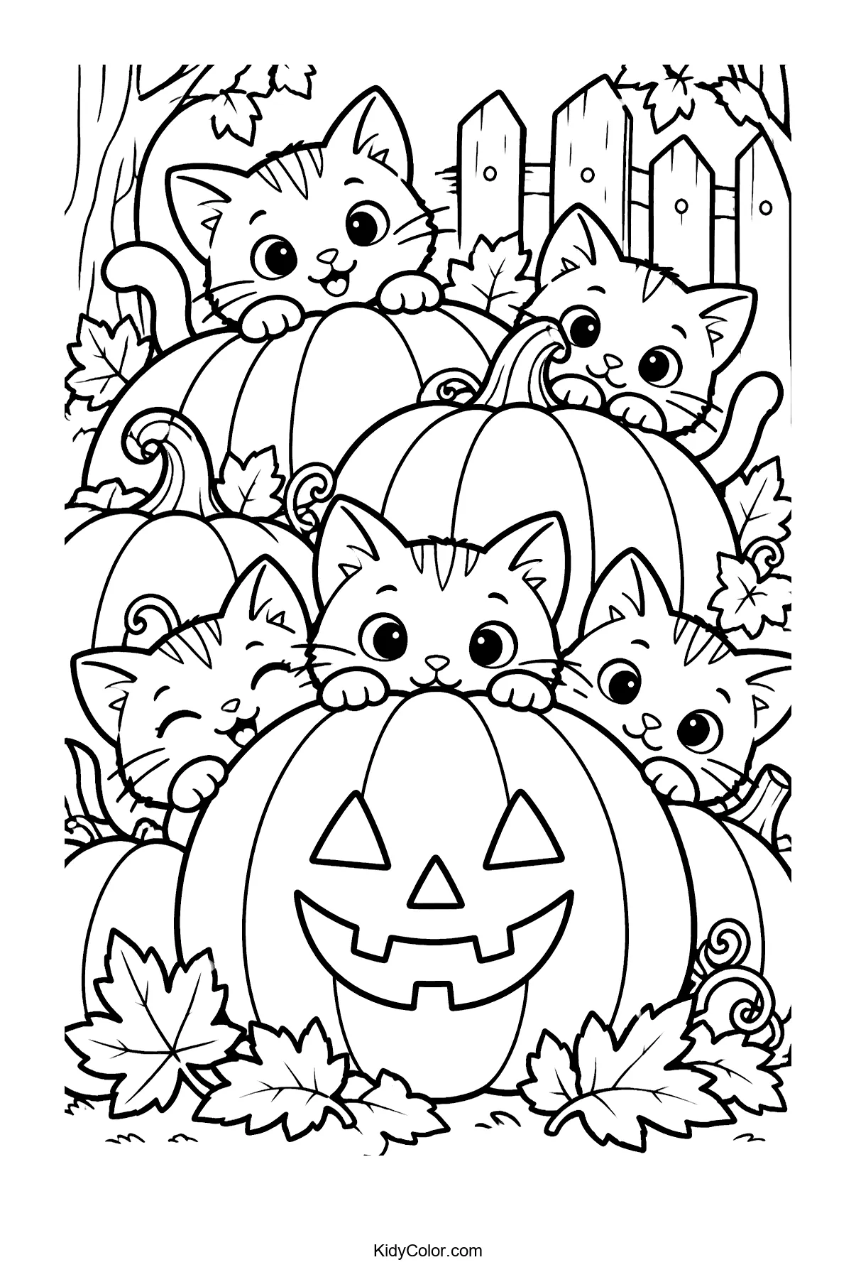 Kittens playing among pumpkins with autumn leaves.