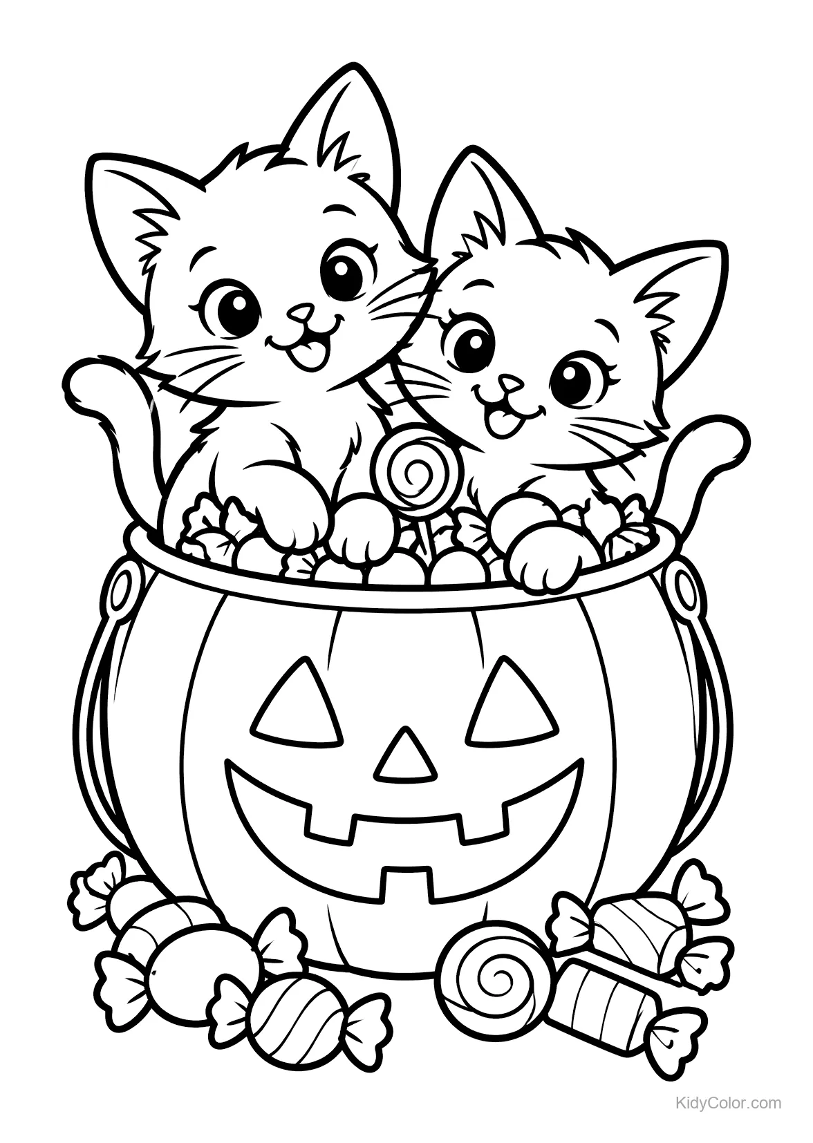 Two kittens in a pumpkin candy bucket with Halloween treats.