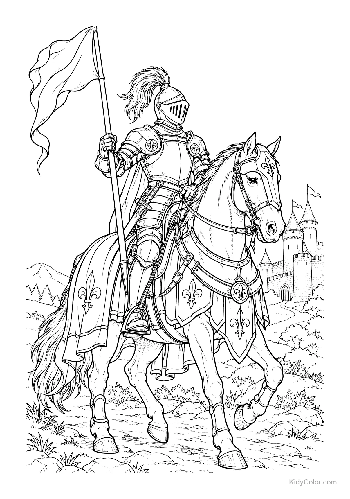 Knight in armor on horseback holding a flag, approaching a castle.