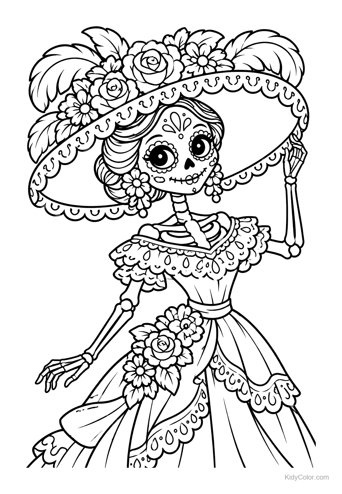 La Catrina with a large floral hat and detailed dress.