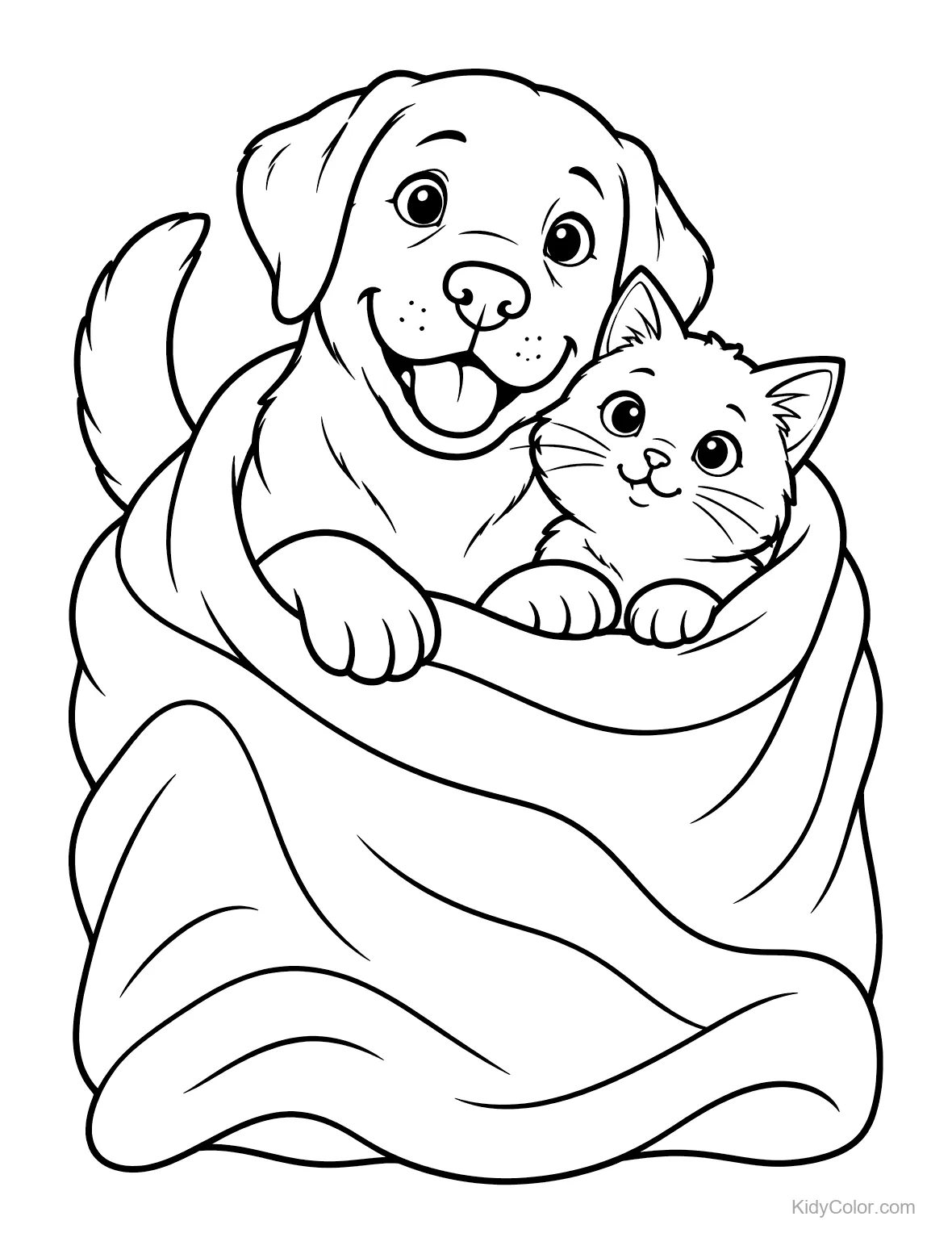Labrador and kitten snuggled in a blanket.