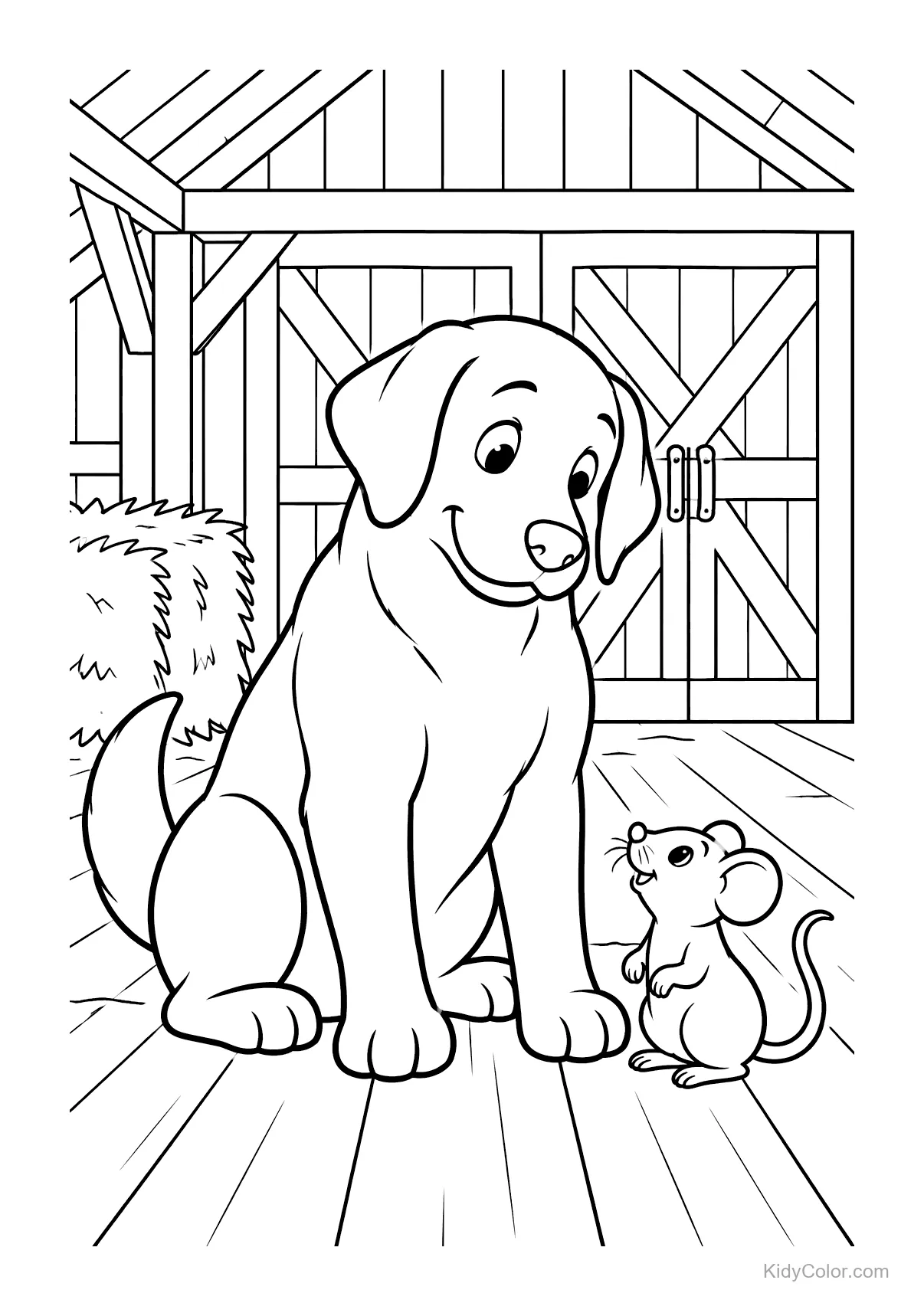 Labrador sitting in a barn with a mouse nearby.