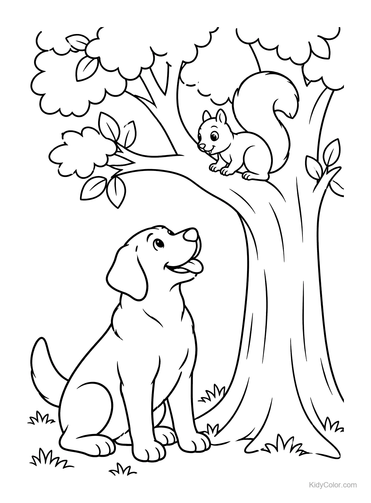 Labrador under a tree looking up at a squirrel on a branch.