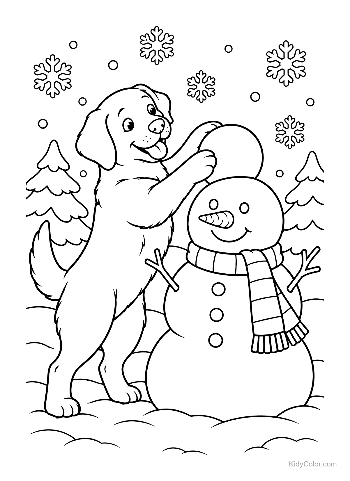 Labrador dog placing the head on a snowman, surrounded by snowflakes.