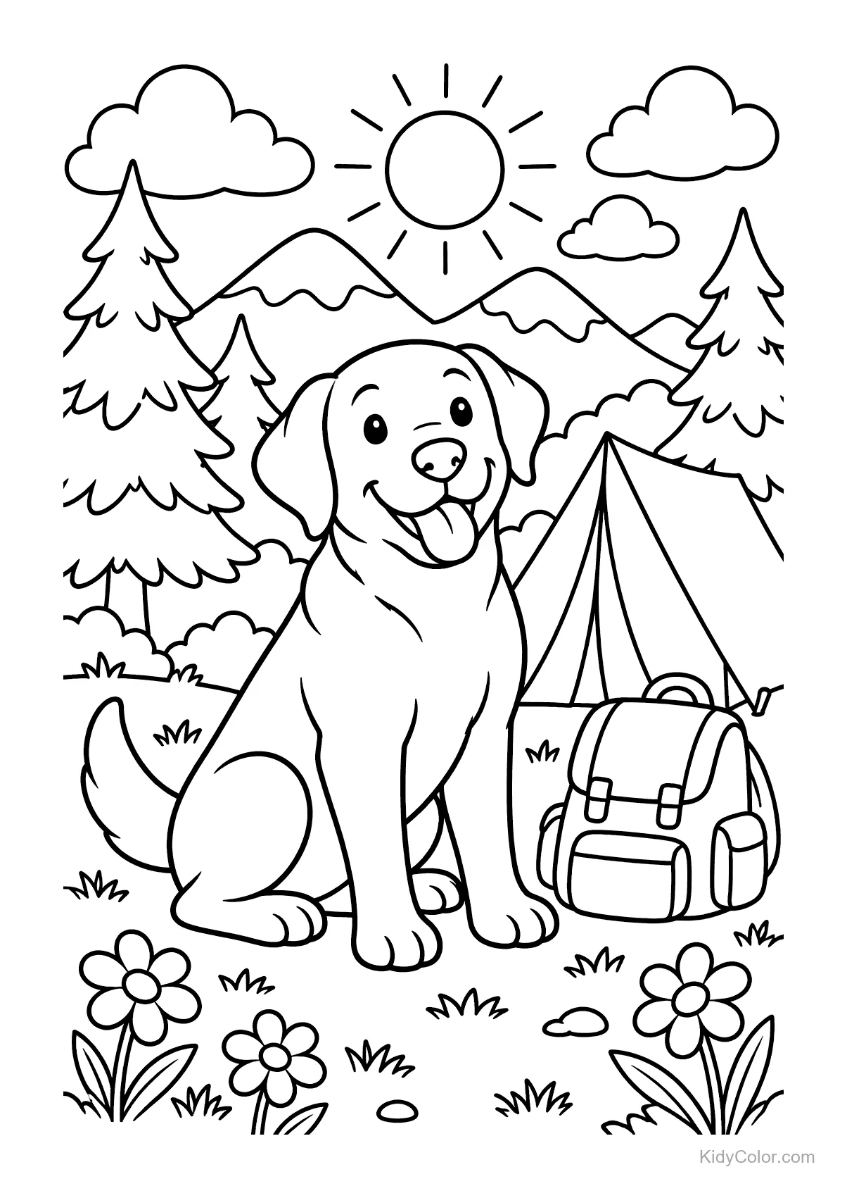 A Labrador sitting by a tent with a backpack, mountains, and trees.