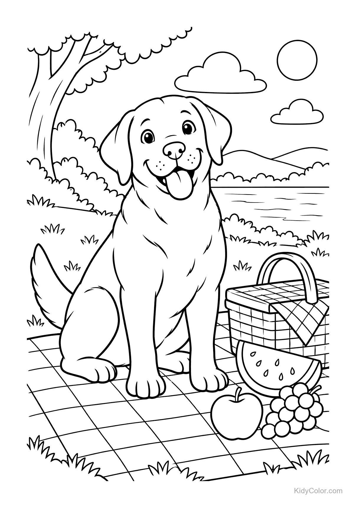 A Labrador sitting beside a picnic basket with fruit.
