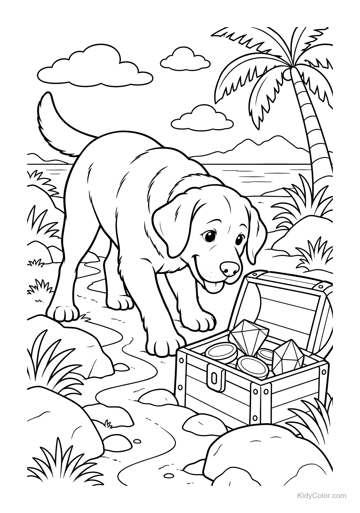 A Labrador near a treasure chest filled with jewels by a palm tree.