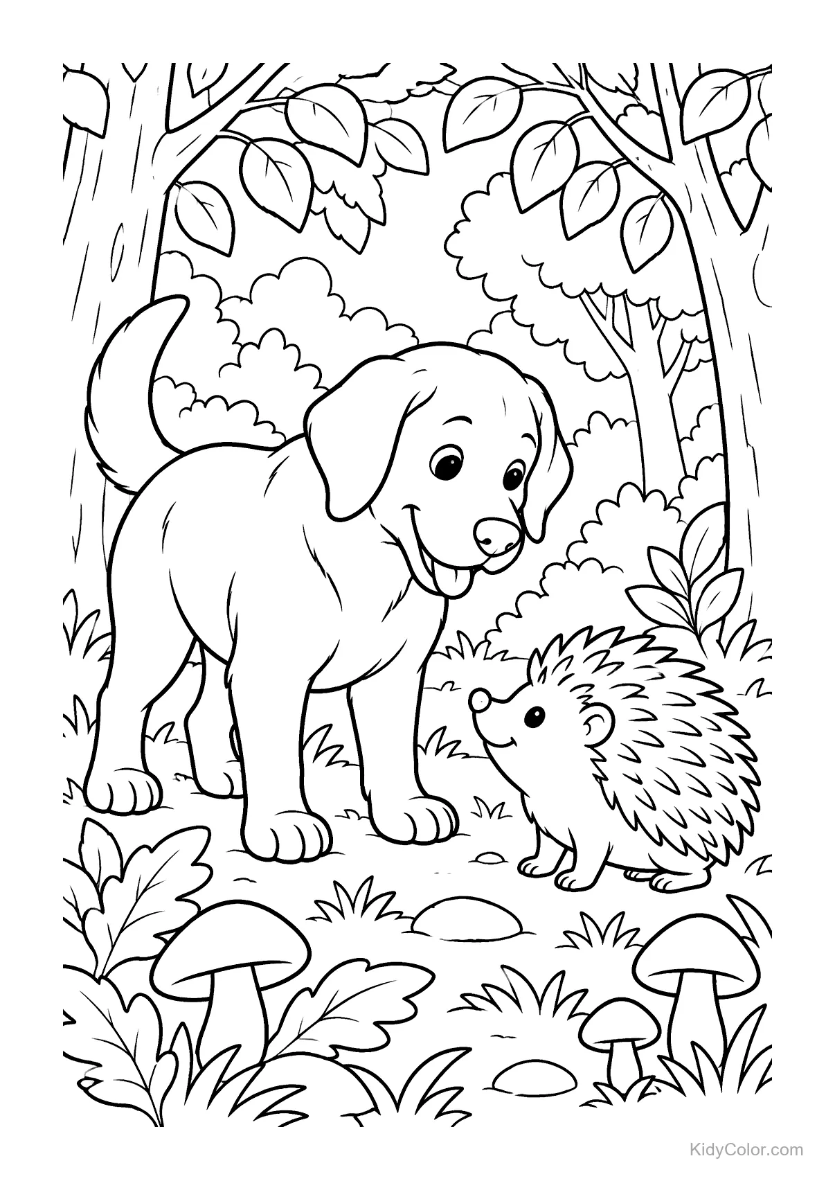 Labrador tegenover een egel in een bos met bomen en paddenstoelen.