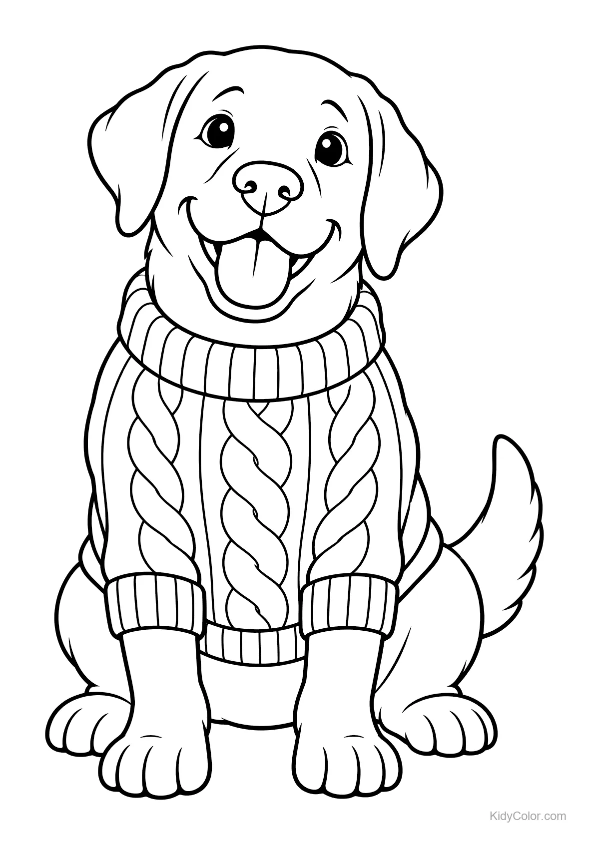 Labrador sitting wearing a cozy sweater, smiling.