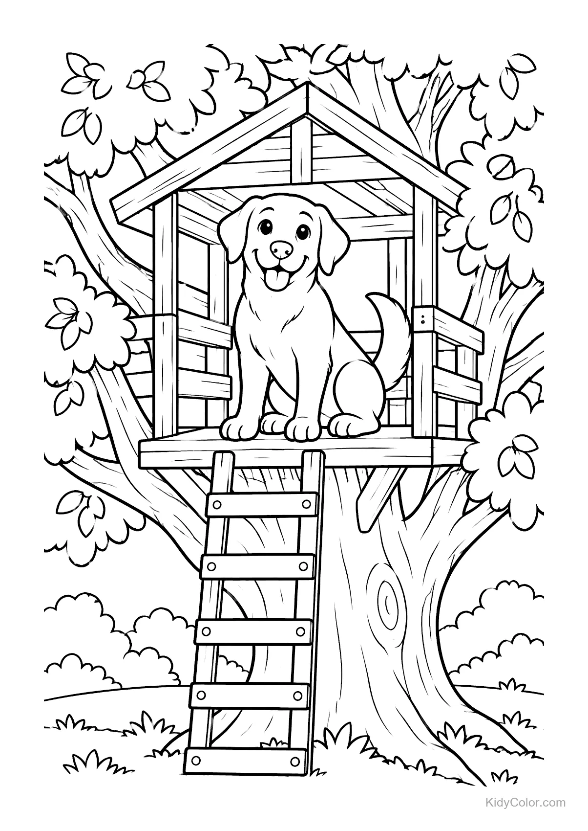 A happy Labrador sitting in a treehouse.