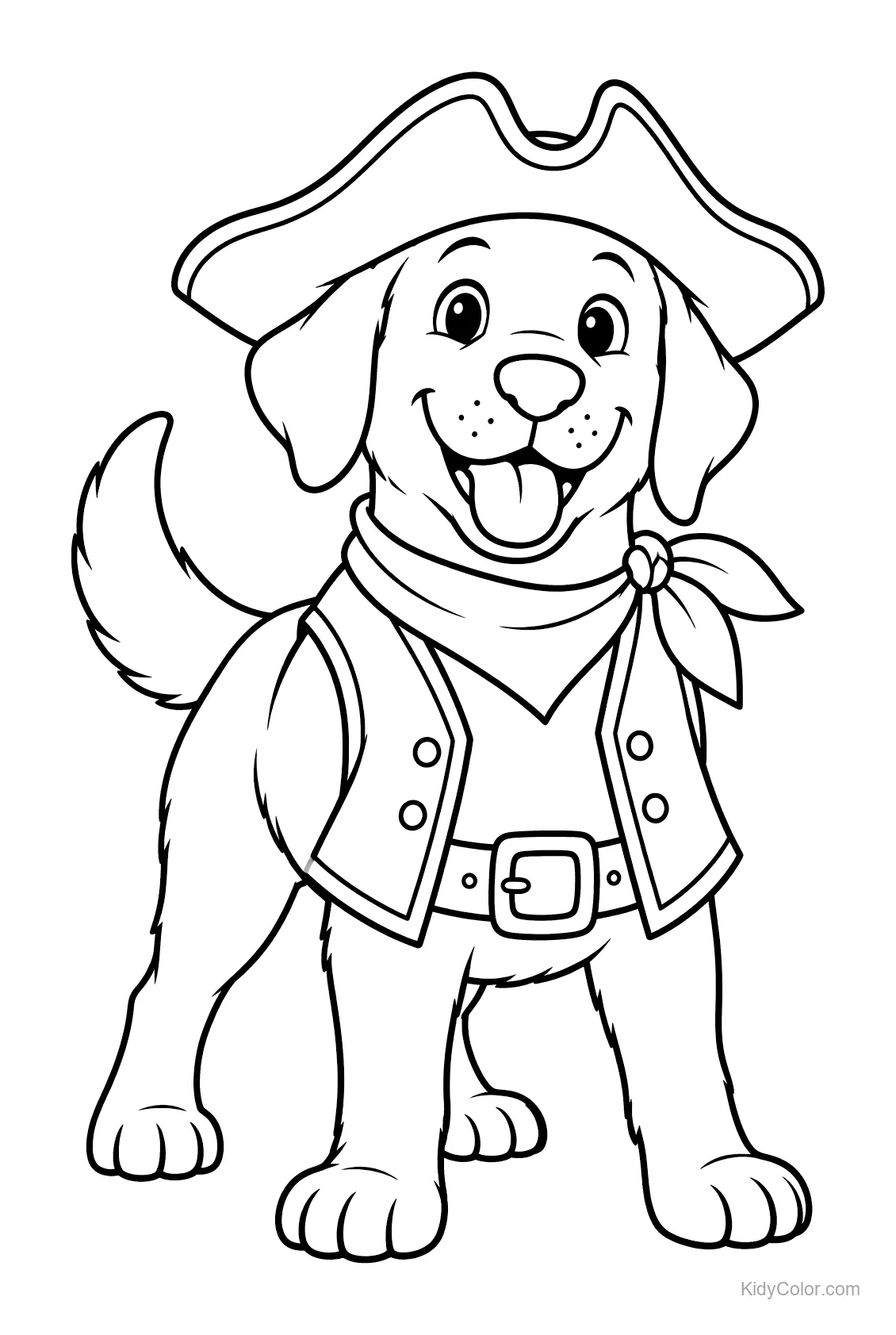 Lächelnder Labrador mit Piratenhut und Schal.