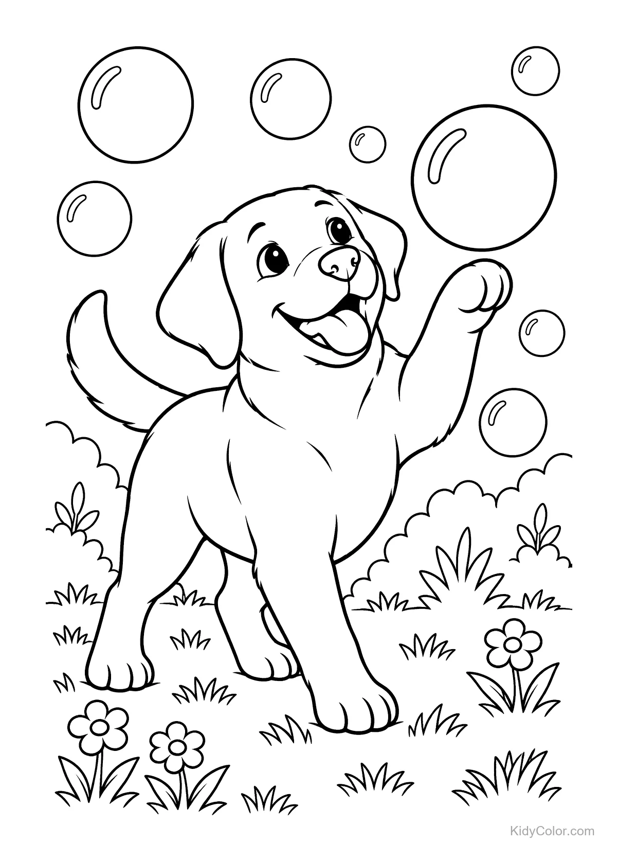 A Labrador puppy plays with bubbles in a garden of flowers.