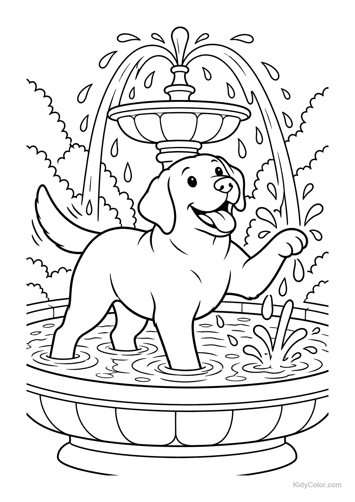 A Labrador joyfully playing in a fountain with water splashing.