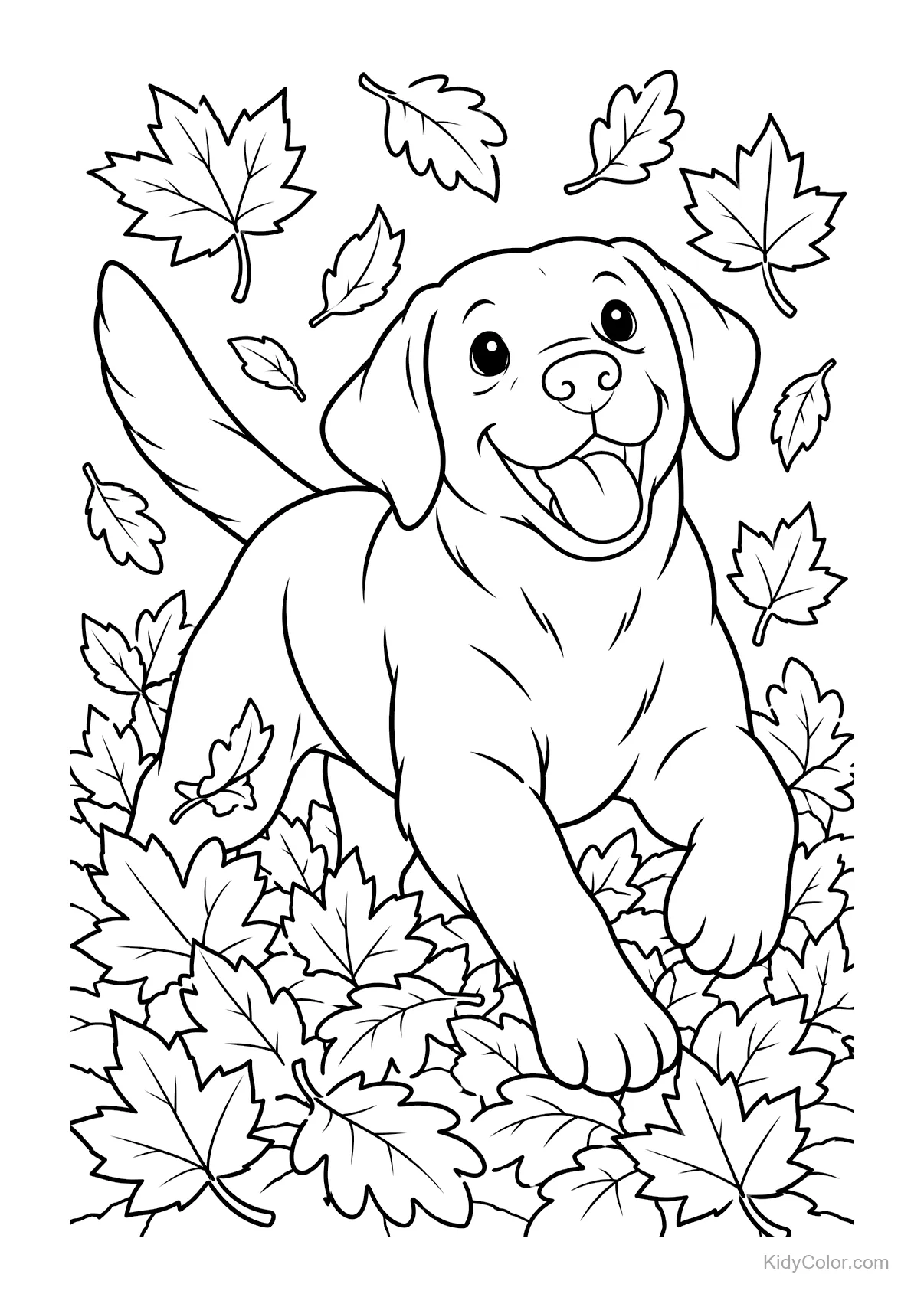 Labrador dog plays in a pile of autumn leaves, surrounded by falling leaves.