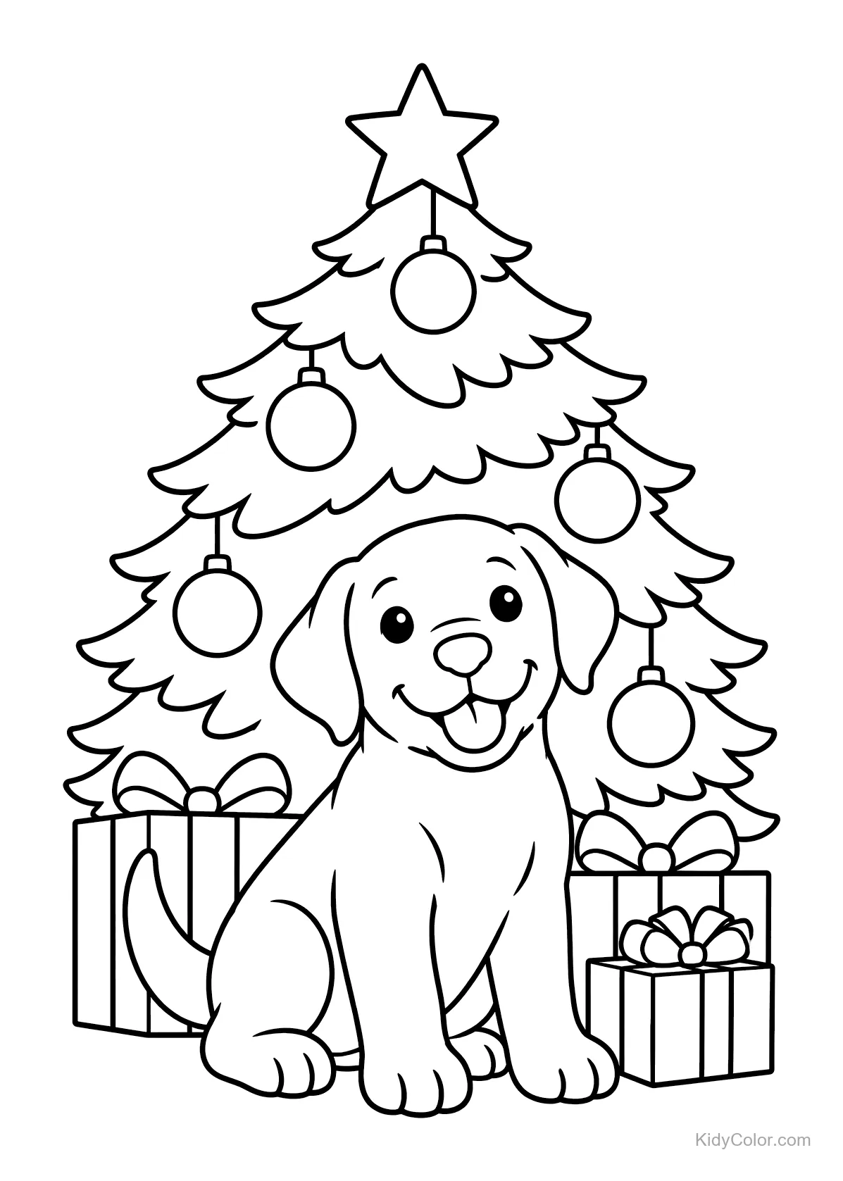 Labrador puppy sitting under a decorated Christmas tree with gifts.