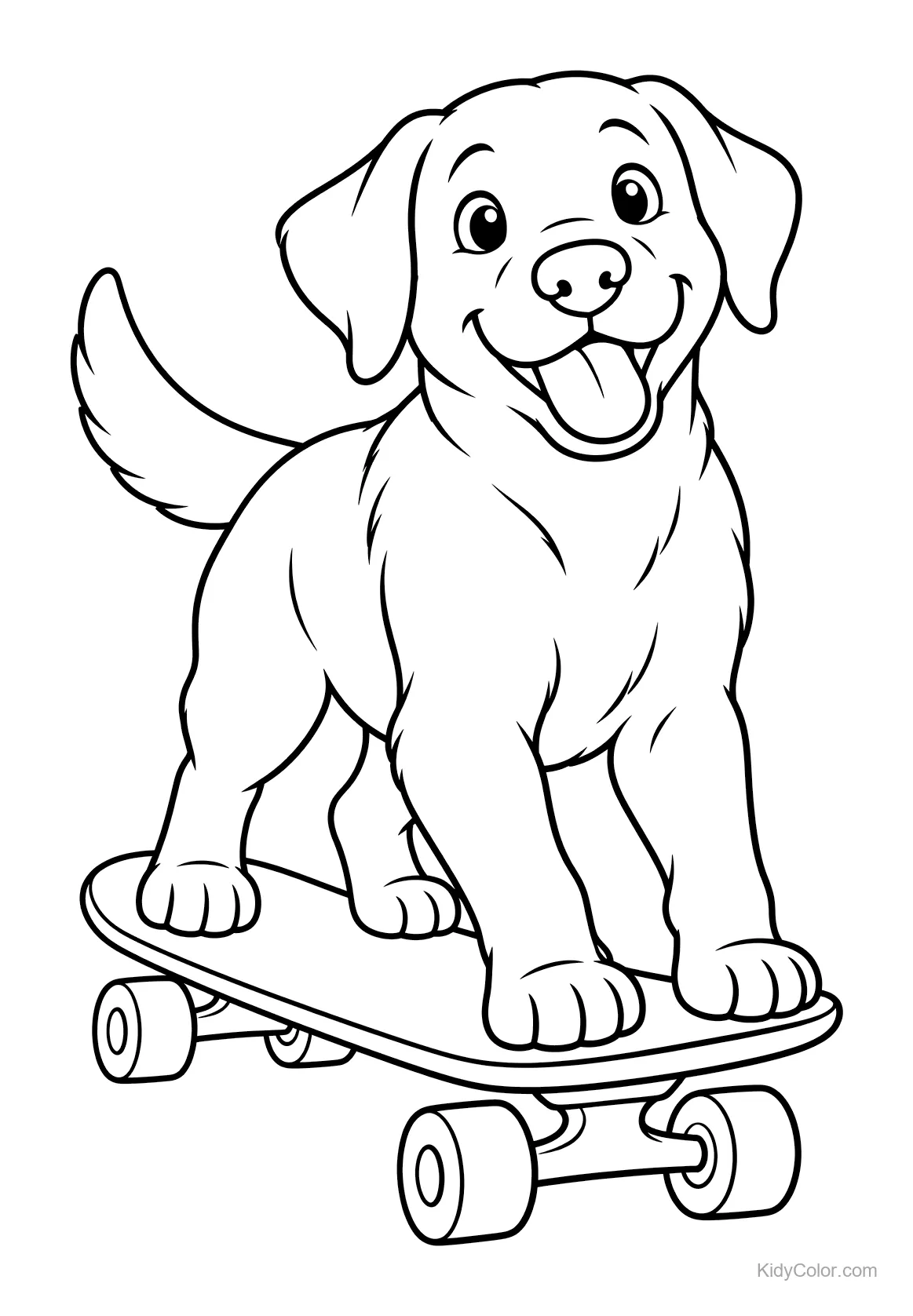 Labrador steht auf einem Skateboard mit fröhlichem Ausdruck.