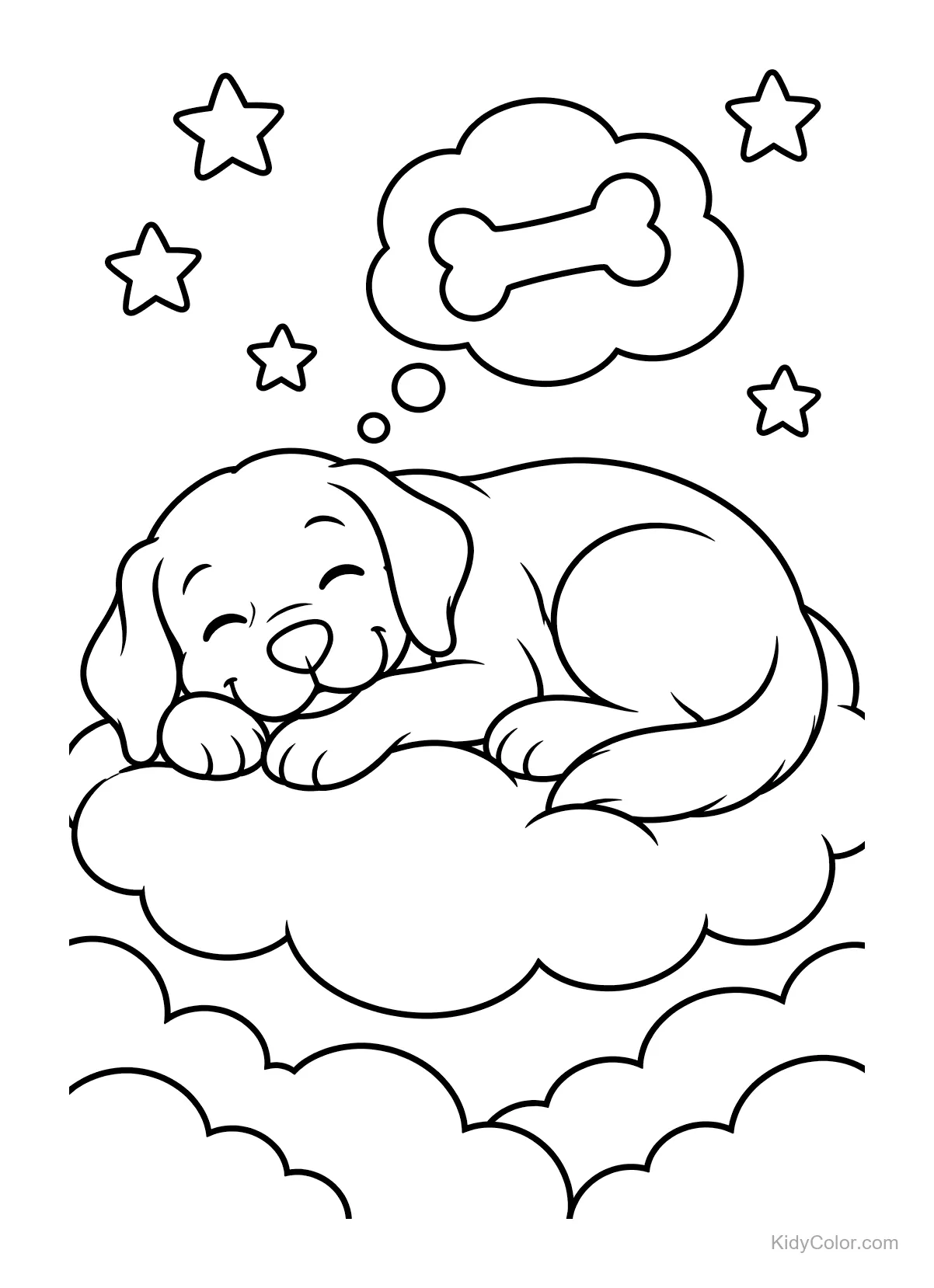 Labrador sleeping on a cloud with a dream bubble showing a bone.