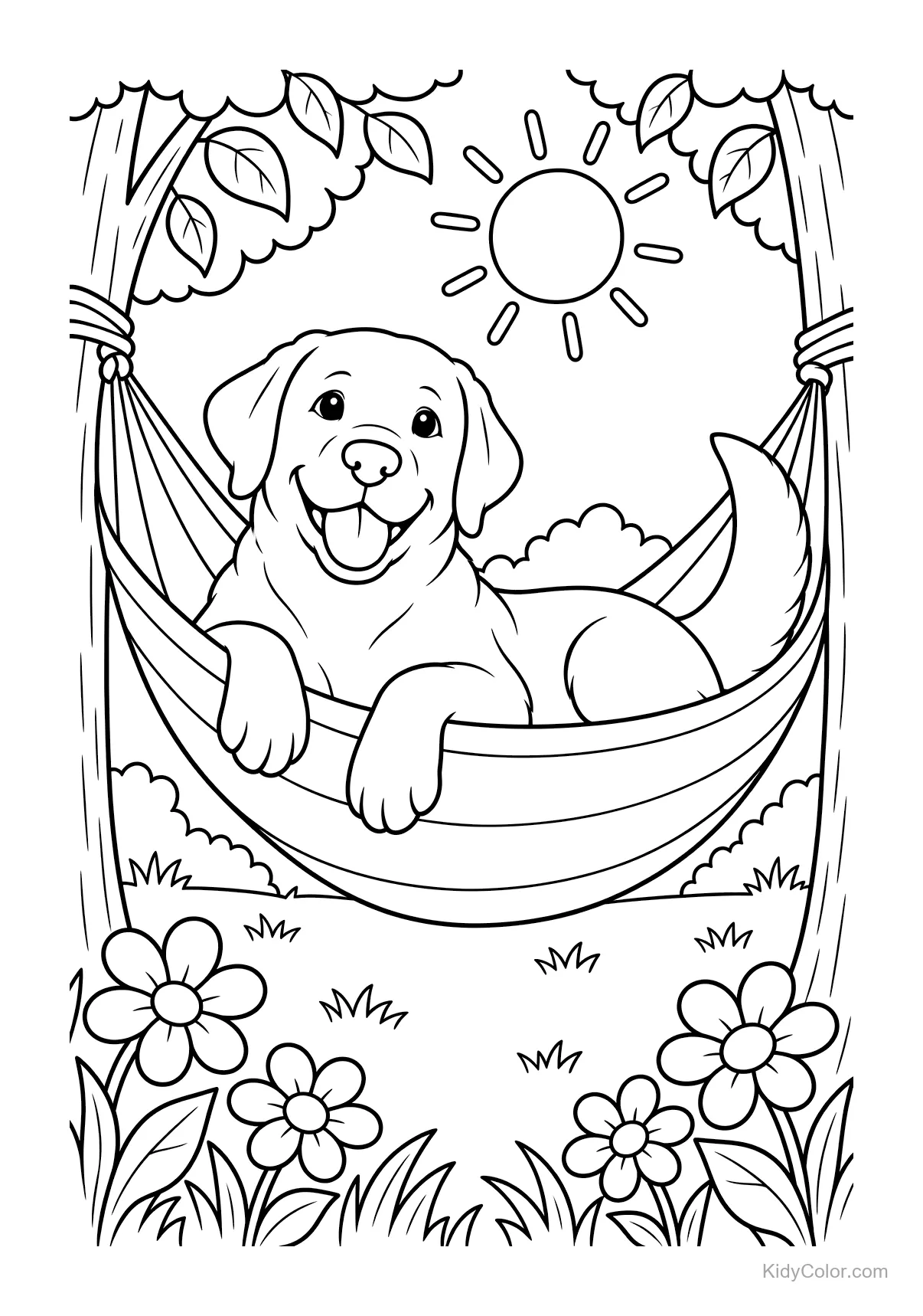 Labrador liegt in einer Hängematte unter der Sonne mit Bäumen und Blumen.