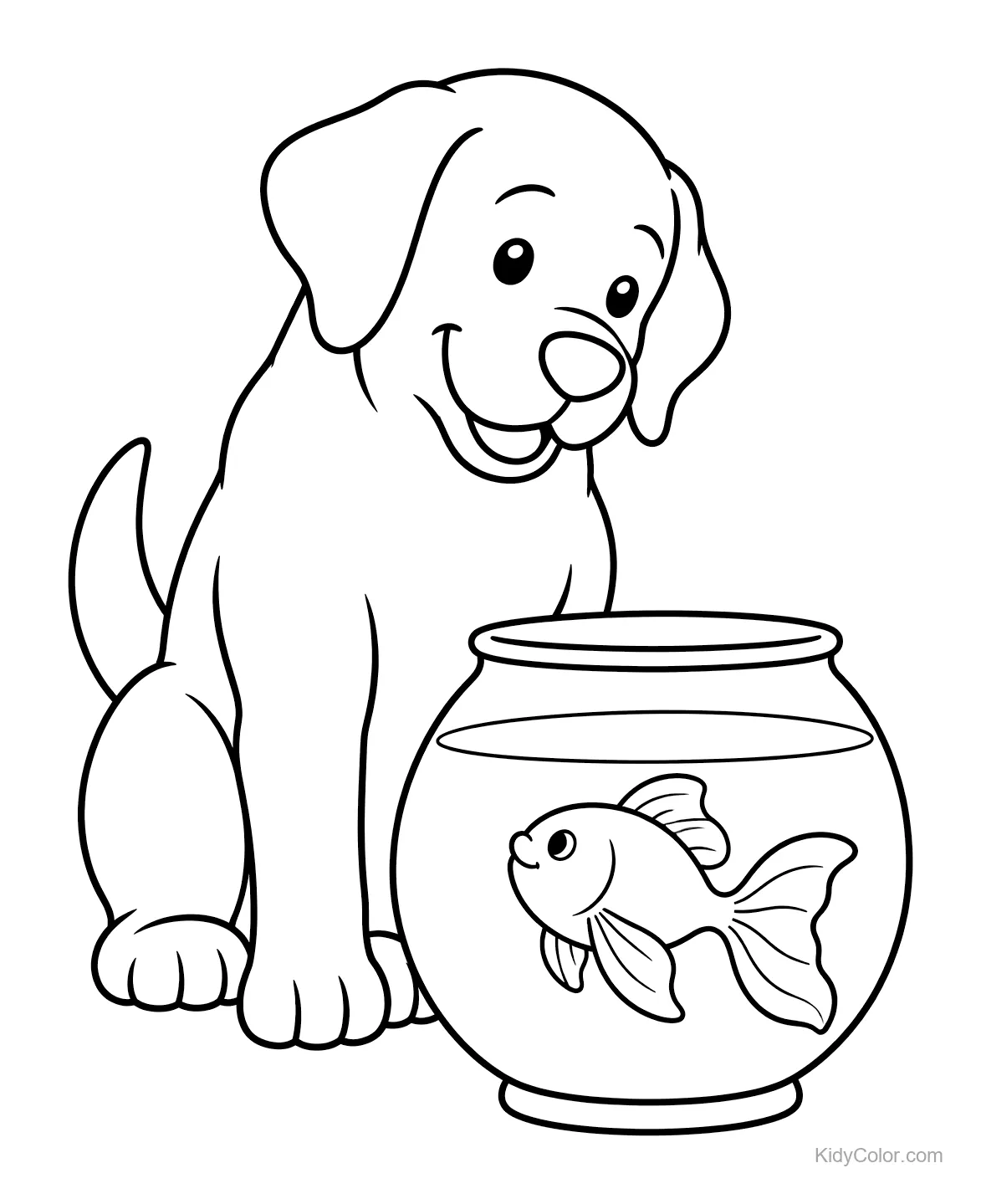 Labrador dog looking at a goldfish in a bowl.