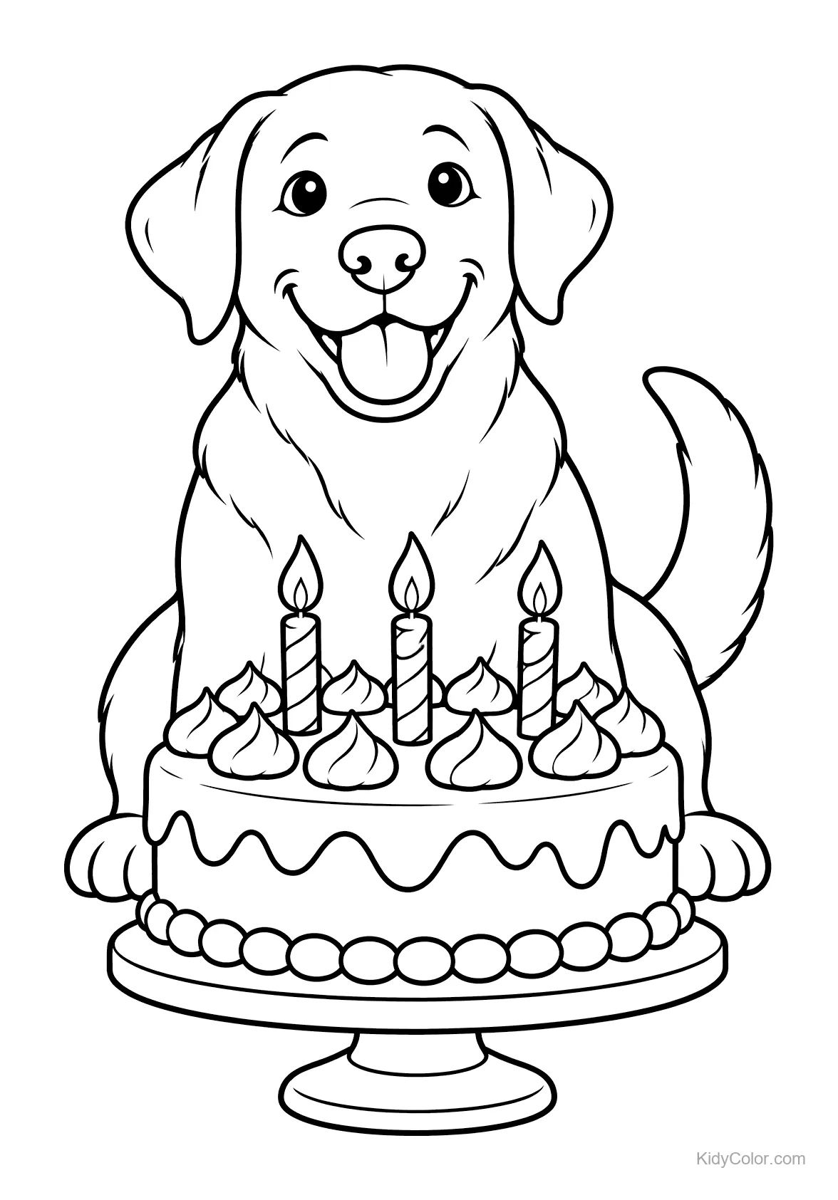 Labrador sitting behind a birthday cake with candles.