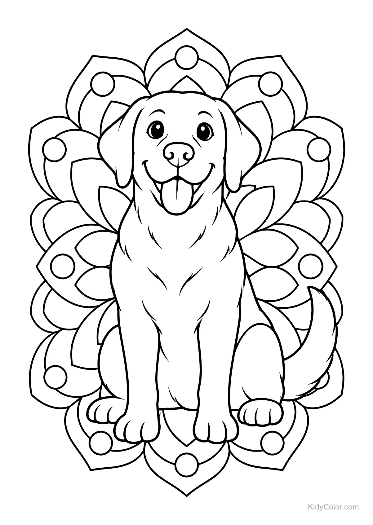 Labrador sitzt vor detailliertem Mandala-Muster.