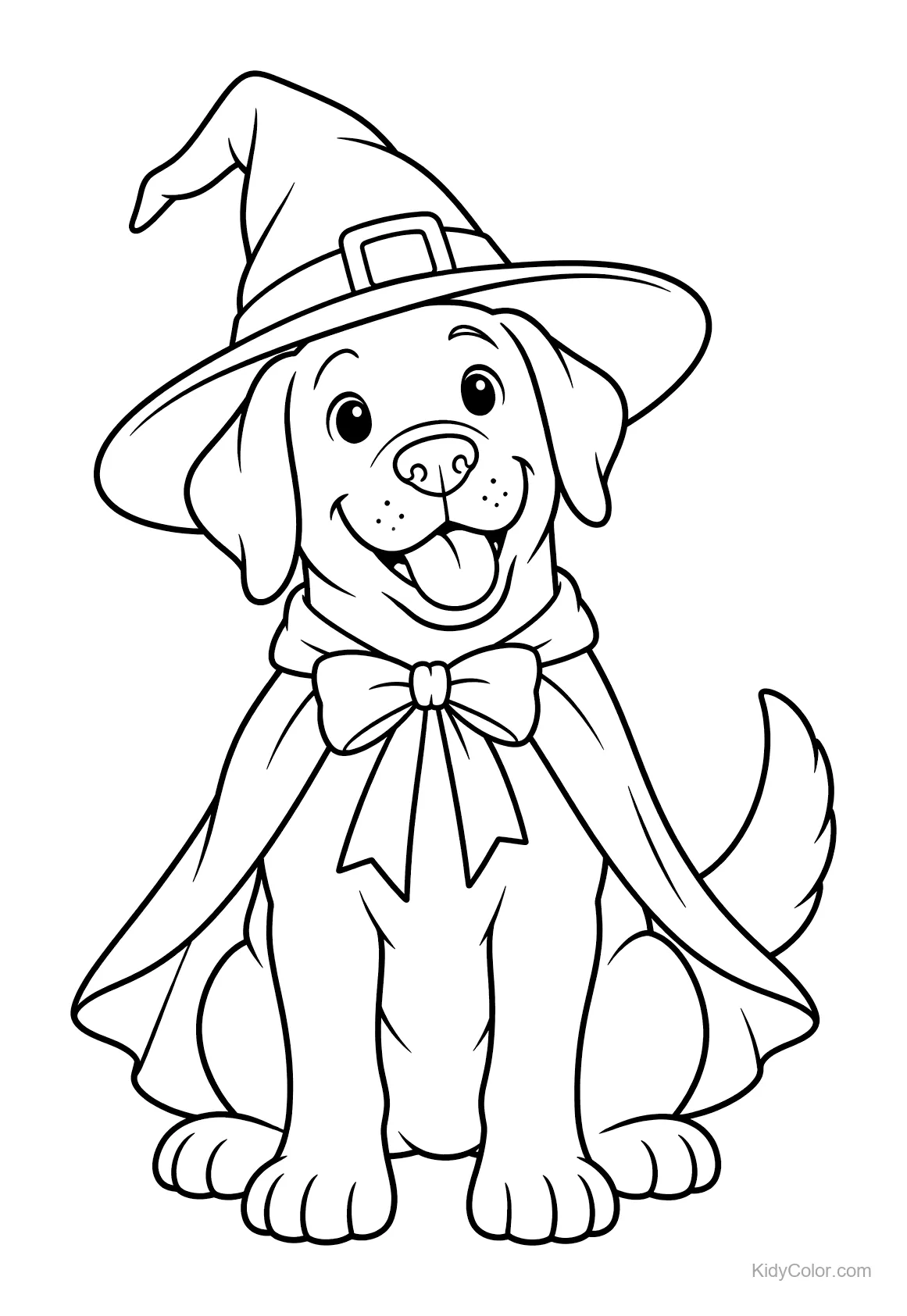 Labrador dog wearing a witch hat and cape sitting down.