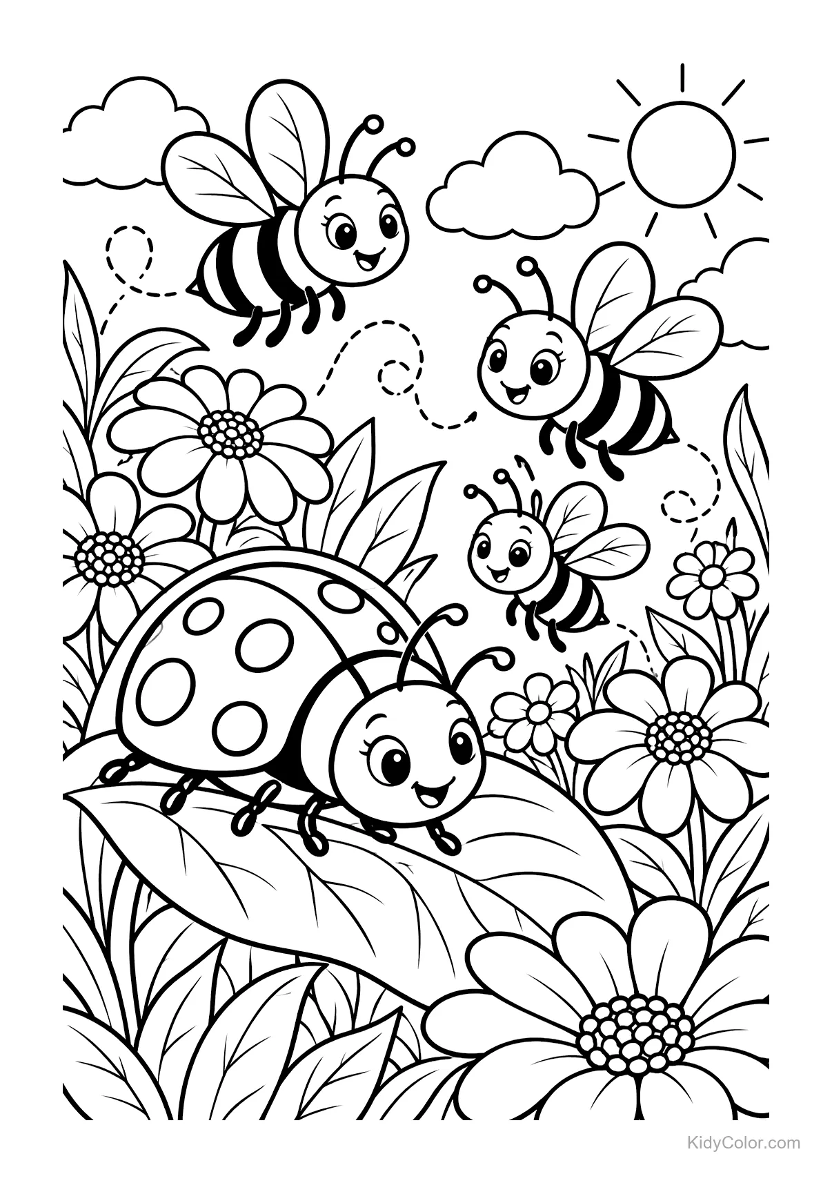 Ladybug on a leaf surrounded by buzzing bees and flowers under the sun.